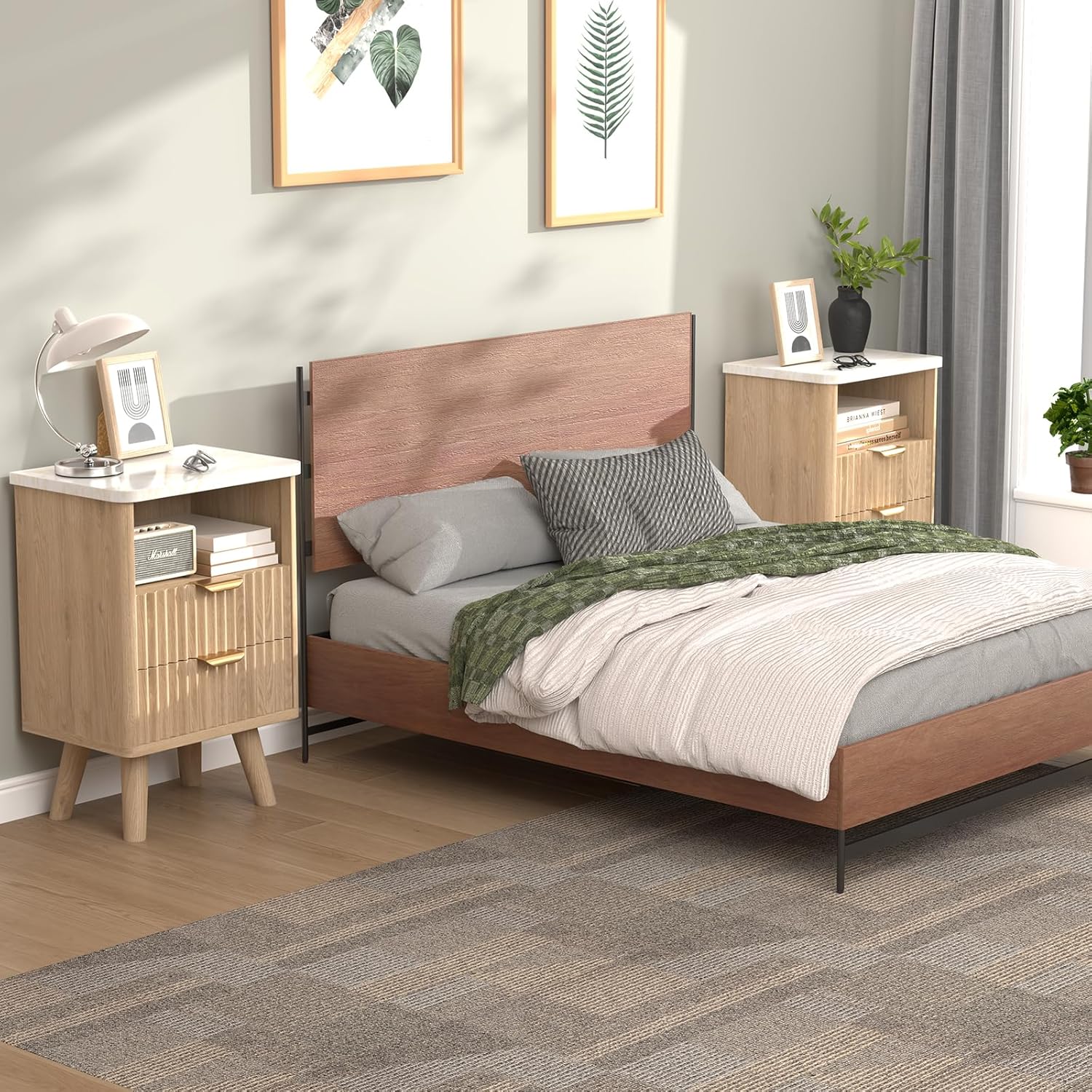 Wooden 23Inch Fluted Nightstand Set of 2, Natural Oak Bedside Table with Drawer and Storage, Wood Mid Century Modern Nightstand with Drawers, Large Night Stand for Bedroom - Image 2