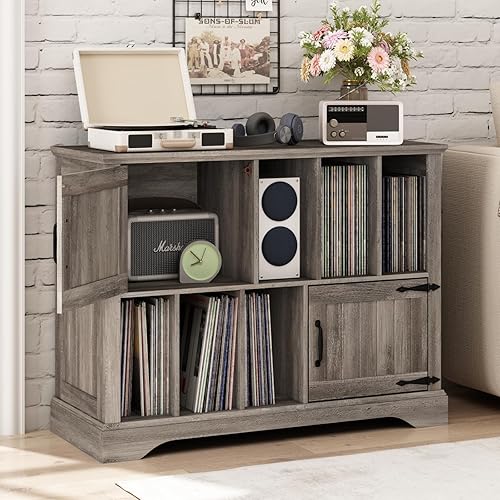 Soporte grande para tocadiscos con almacenamiento de vinilo, soporte giratorio de 39.5 pulgadas, armario de almacenamiento de madera con puertas
