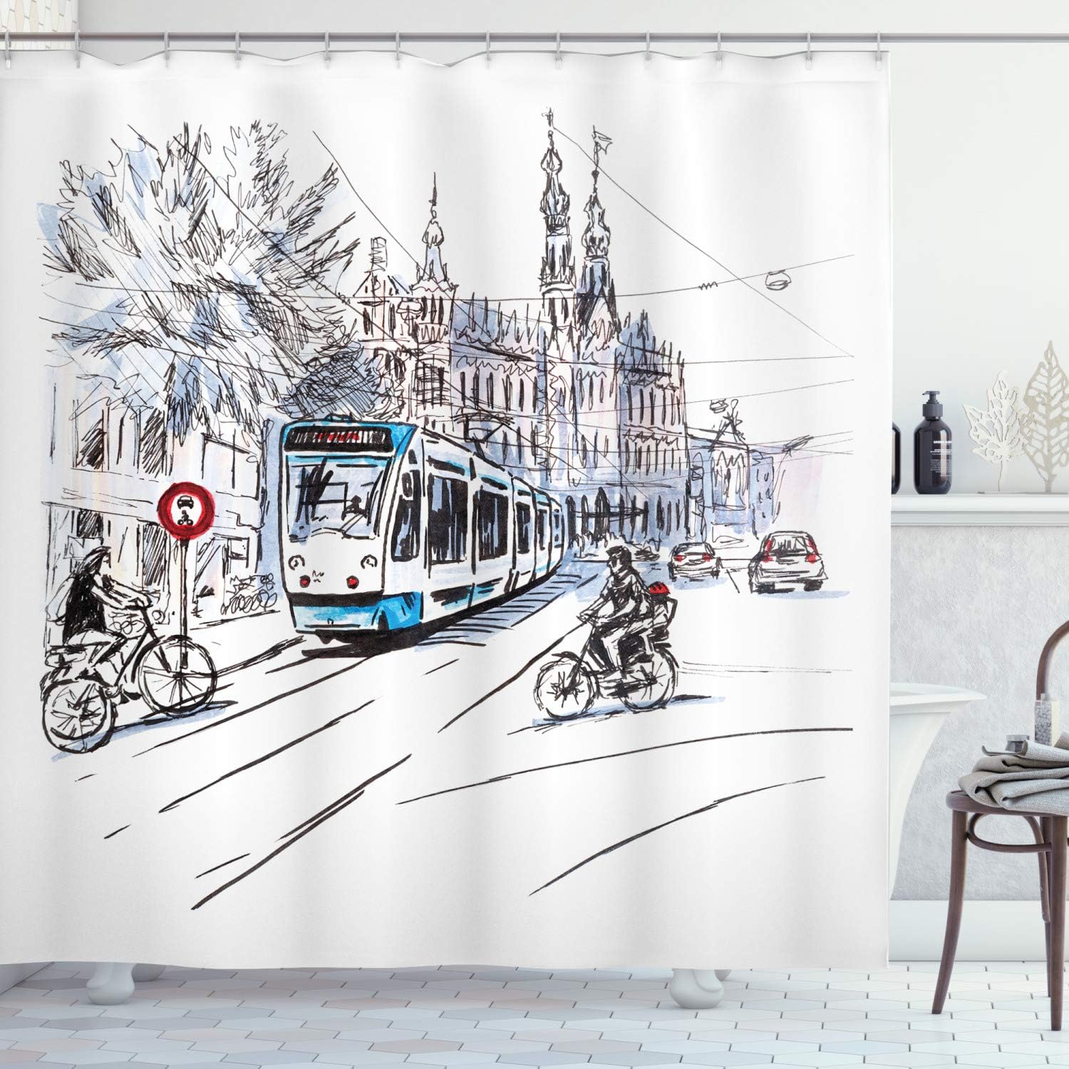 Ambesonne Sketchy Shower Curtain, Hand Drawn Tram and Bicyclists Cityscape of Amsterdam Netherlands Urban Life, Cloth Fabric Bathroom Decor Set with Hooks, 69" W x 75" L, White Lilac