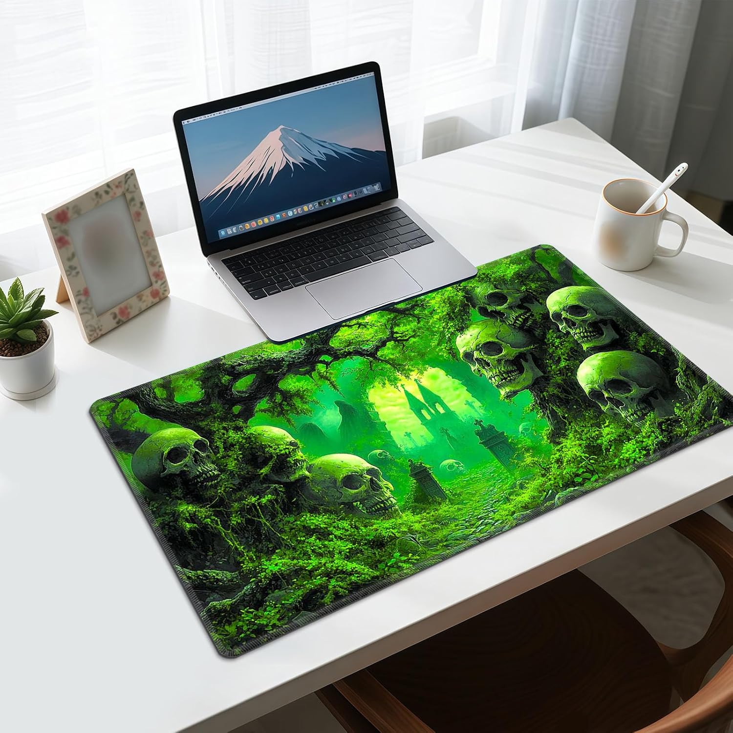 Playmat for MTG & Magic: The Gathering, Green Haunted Cemetery with Skulls 24x14 inch Non-Slip TCG Game Mat for Commander, Card Game Table Mat