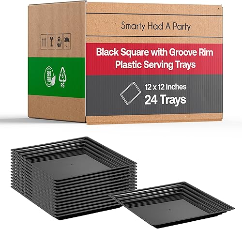 Kaya Collection - Bandeja de plástico negro para servir, plato cuadrado pesado, 12.0 x 12.0in, desechable o reutilizable, 1 funda (24 bandejas)