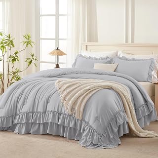 Andency Light Gray Ruffle Comforter Set King, Shabby Chic Farmhouse Bedding Comforter, Soft Lightweight Fluffy Microfiber Bet Set All Season 3 Pieces Solid Comforter Set