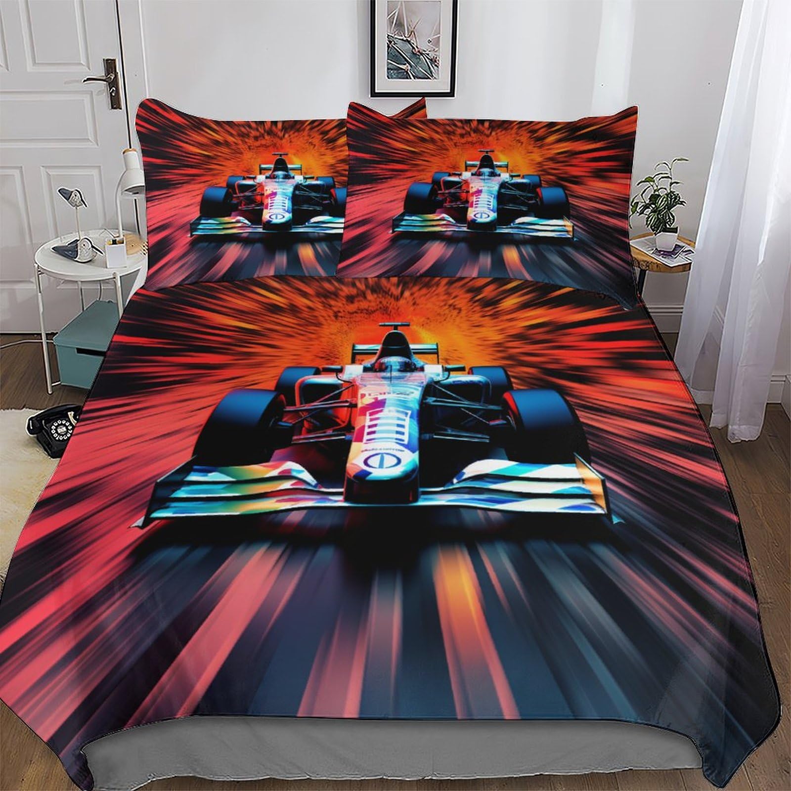 Racing Comforter Cover Set Microfibre Bedding Set Duvet Cover with Pillowcases Soft Quilt Cover 3 Pcs For Boys Girls Double (200x200cm)