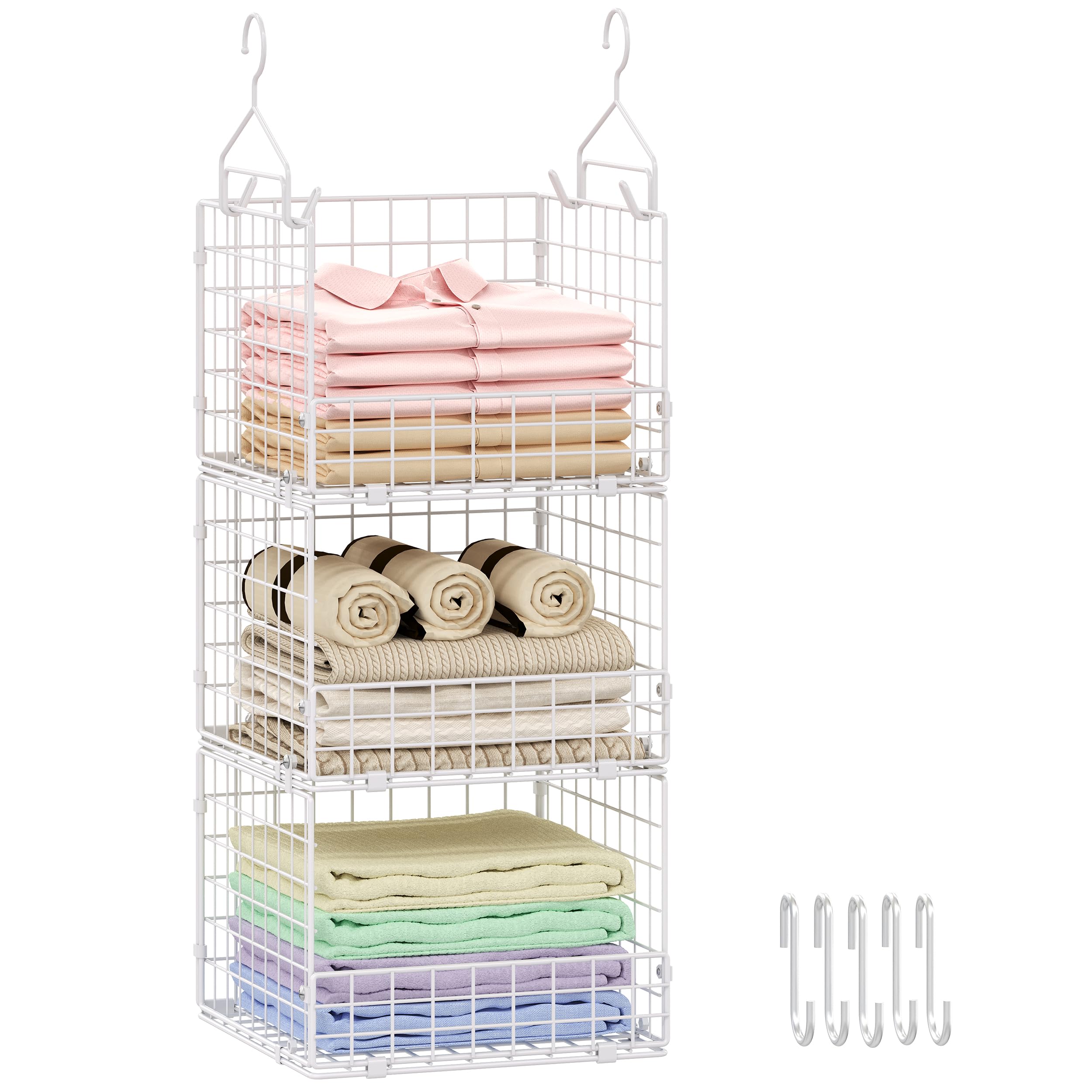 Organiseur de placard suspendu à 3 niveaux avec 5 crochets en S, étagères de placard pour vêtements, chaussures, sacs à main, accessoires, panier suspendu, système de placard, organiseurs de placard