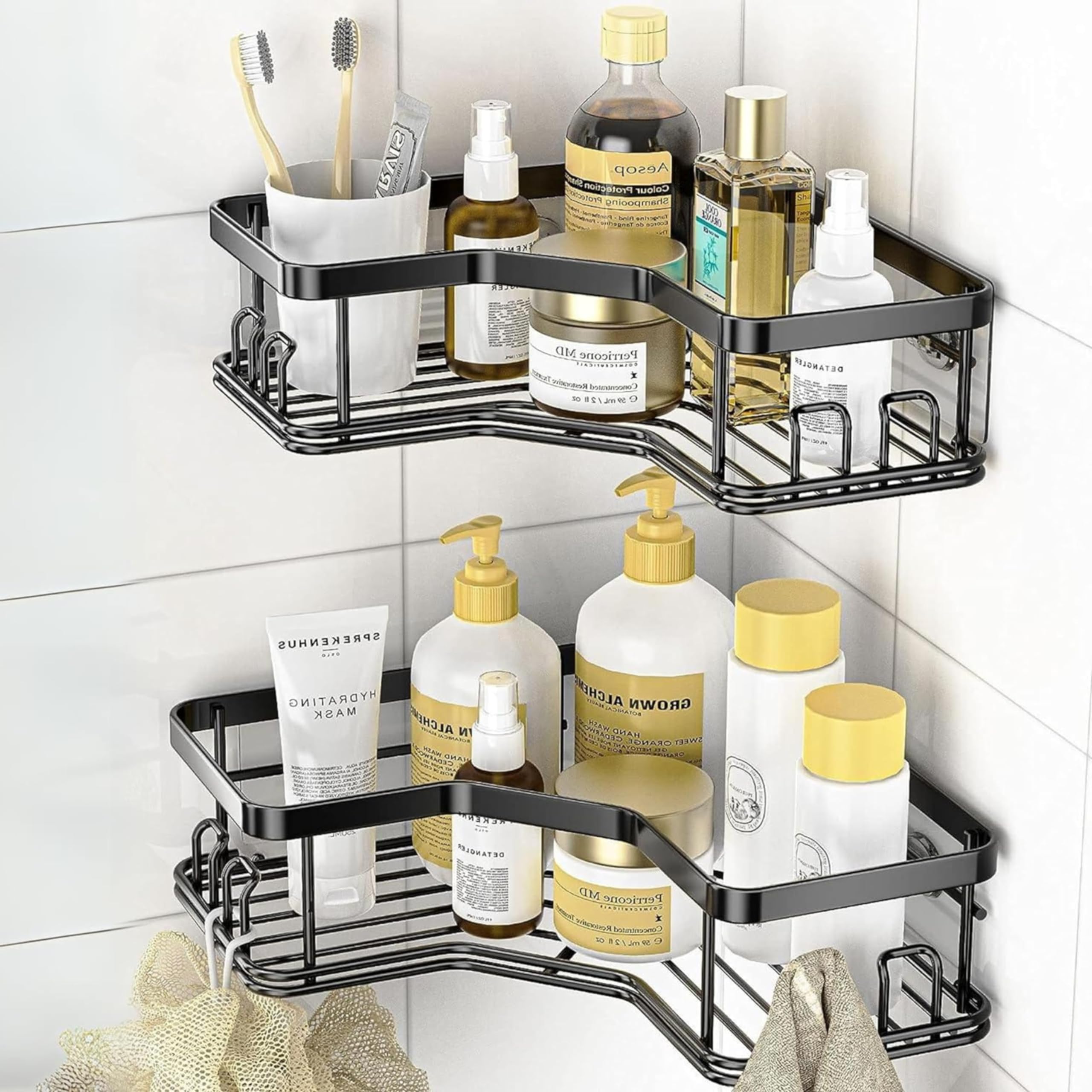 Boniry Metal Corner Shelf for Bathroom|Without Drill Self Adhesive Bathroom Shelf|Compact Design Bathroom Corner Shelf with Easy Installation| for Bathroom Accessories (X-Large 2 Pcs Corner),Black