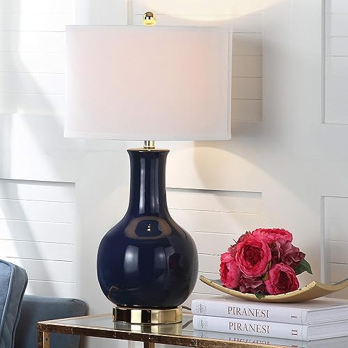 SAFAVIEH Lighting Collection Paris Modern Royal Blue Ceramic 28-inch Bedroom Living Room Home Office Desk Nightstand Table Lamp (LED Bulb Included)