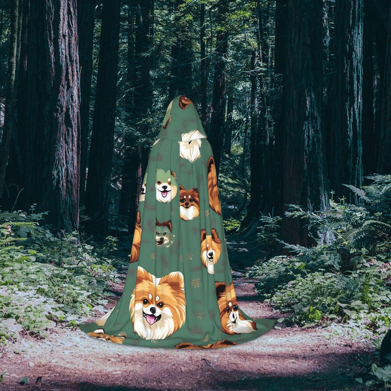 Pomeranians Pattern Print Renaissance Hooded Cloak Costume Clothes Halloween Medieval Costume Cape for Women Men