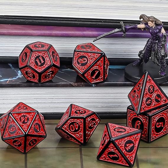 QMAY DND Dice - 7 Pcs Polyhedral Dice Set for D&D (Red Engraving)