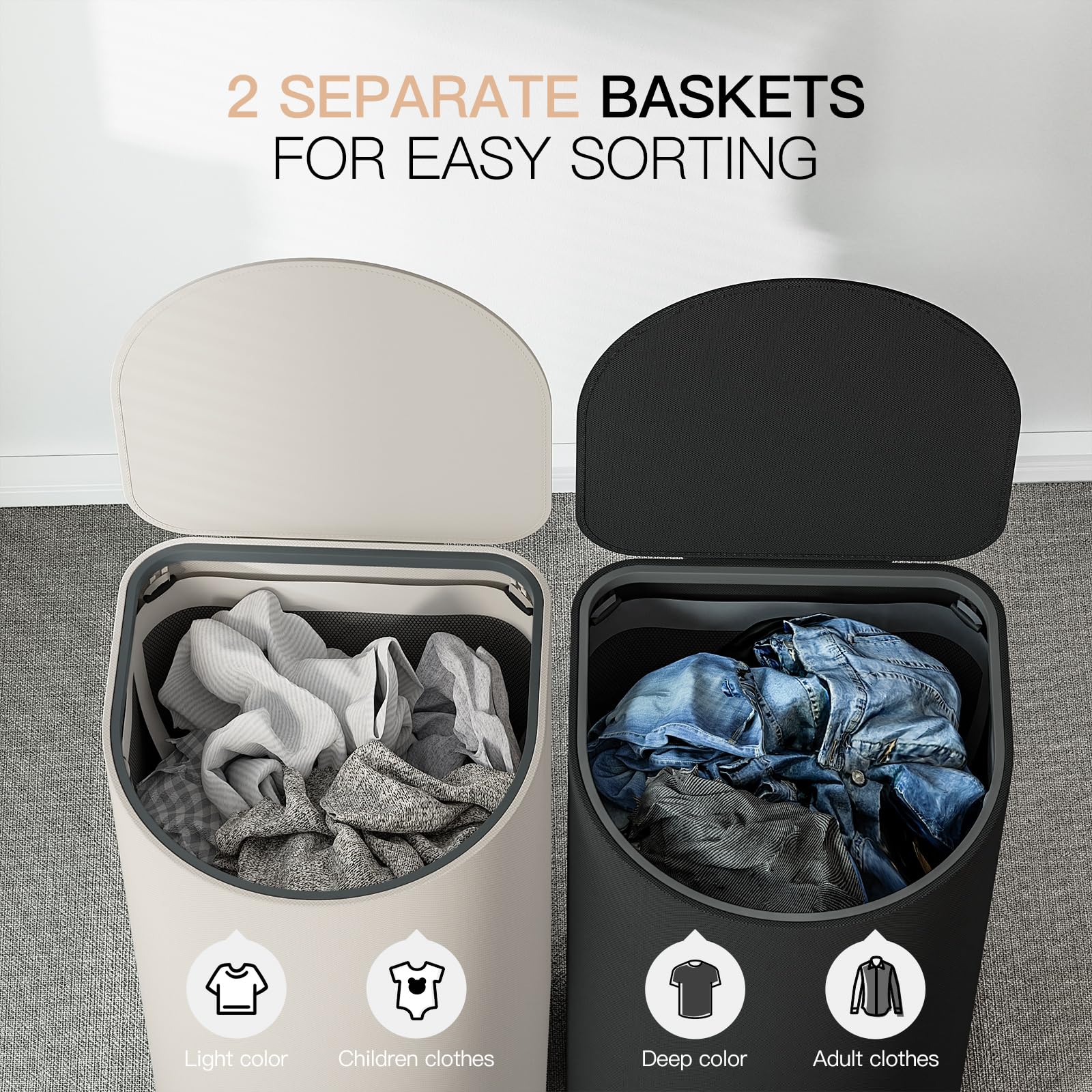 Juego de 2 cestas para la ropa sucia con tapa, 140 L, gran capacidad, con 2 compartimentos para clasificar la ropa sucia, 4 bolsas interiores extraíbles, cestas para Laundry y fácil de