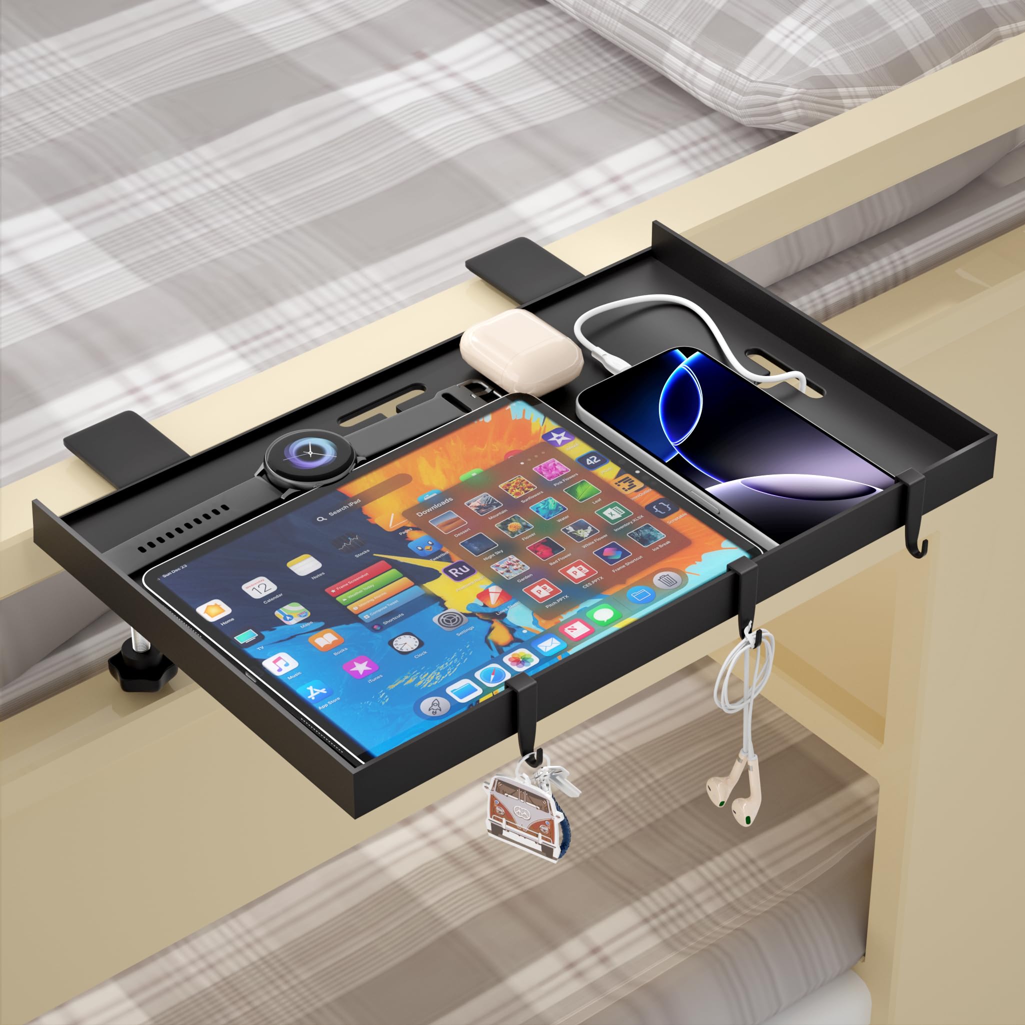 Foldable Bedside Shelf, Metal Clip-On Bed Tray Table for Bunk Bed & Dorm Beds, Dorm Room Essentials Organizer for College Students, Floating Tray,