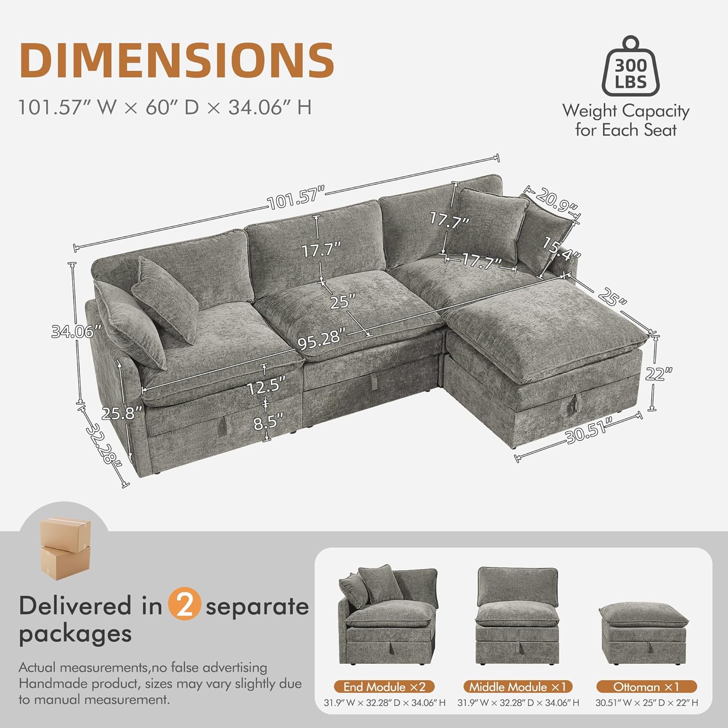 WorthFurni Modular Sectional Sofa with Storage Ottomans,102" L-Shaped Cloud Couch,Comfy Modern Couches with Pillows & Upholstered Deep Seat Cushion for Apartment Living Room Bedroom（Gray）