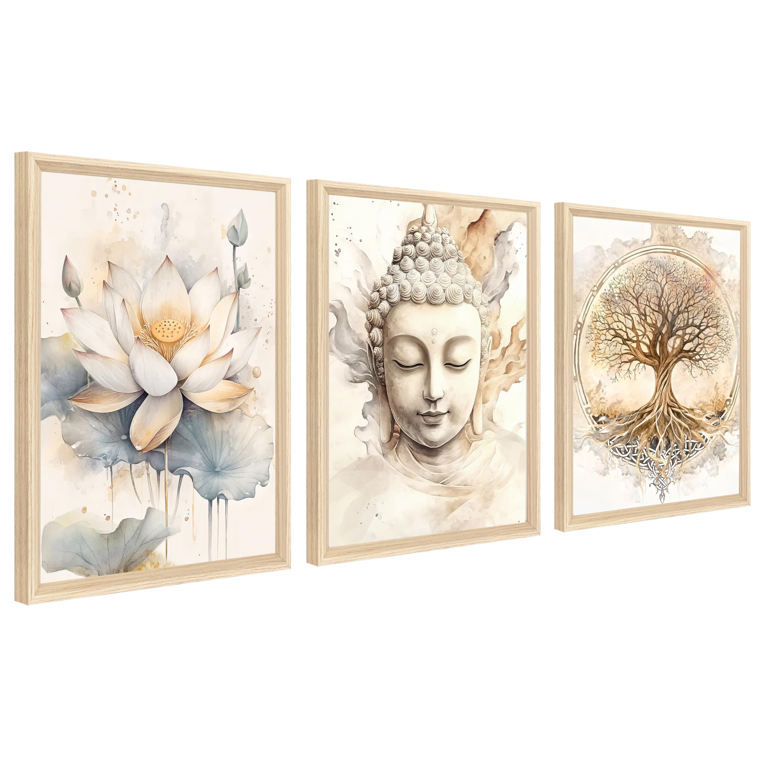 HALFLEMART 3 Pcs Framed Canvas Wall Art Tree Of Life Buddha Canvas Prints Zen Buddhism Beige Lotus Flower Pictures for Living Room Bedroom Dining Room Hallway Wall Decor 40x60cm x3pcs (No Plexiglass) โ image 1