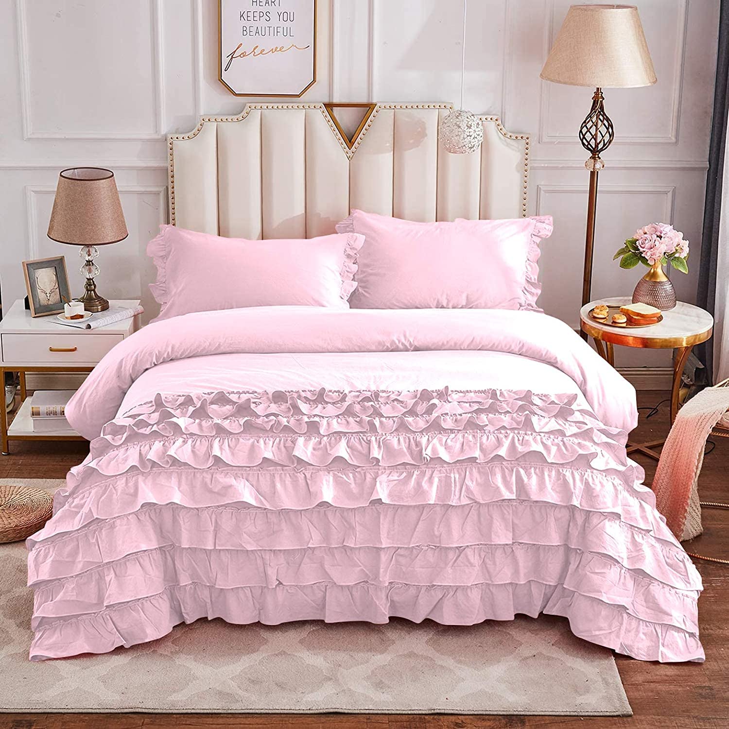 3 PCS Half Ruffle Duvet Cover Set- 300 Thread Count- 1 Piece Duvet Cover with Zipper Closure and 2 Piece Pillow Cover- 100% Cotton - Soft & Warm -Pink Solid, Queen Size-image-35