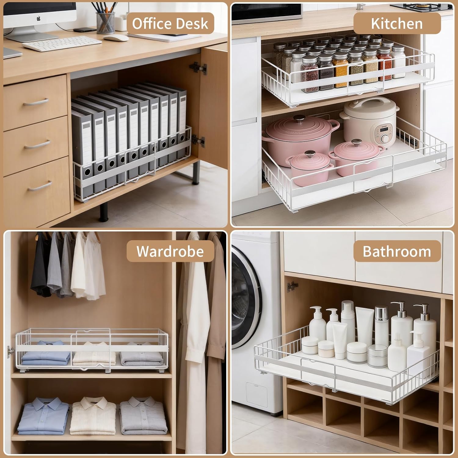 2 Pack Expandable Pull out Cabinet Organizer, Width (13"-21") Depth (16"-26") Pull Out Drawers for Cabinets, Upgrade 3 Slide Rails Slide Out Drawers, No Drill Adjustable Roll Out Shelves (White)