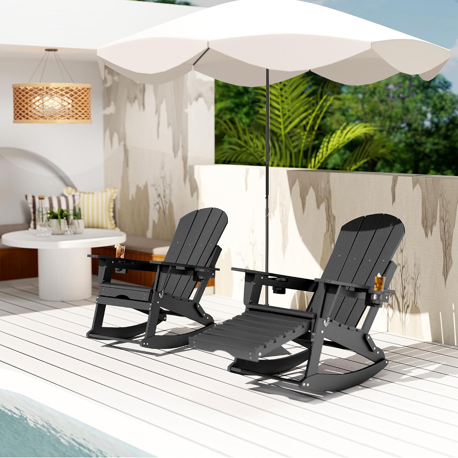 FOOWIN Folding Adirondack Rocking Chair Set of 2 with Retractable Ottoman and Cup Holders,HDPE All Weather Outdoor Adirondack Chair for Porch, Patio, Balcony,Poolside,Oversized Rocker Chair,Black