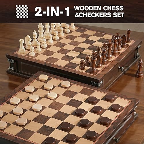 Miniatura 2 de Peradix Juego de ajedrez magnético con 2 cajones de almacenamiento integrados, juegos de mesa de estrategia de madera de 15 pulgadas, 2 reinas