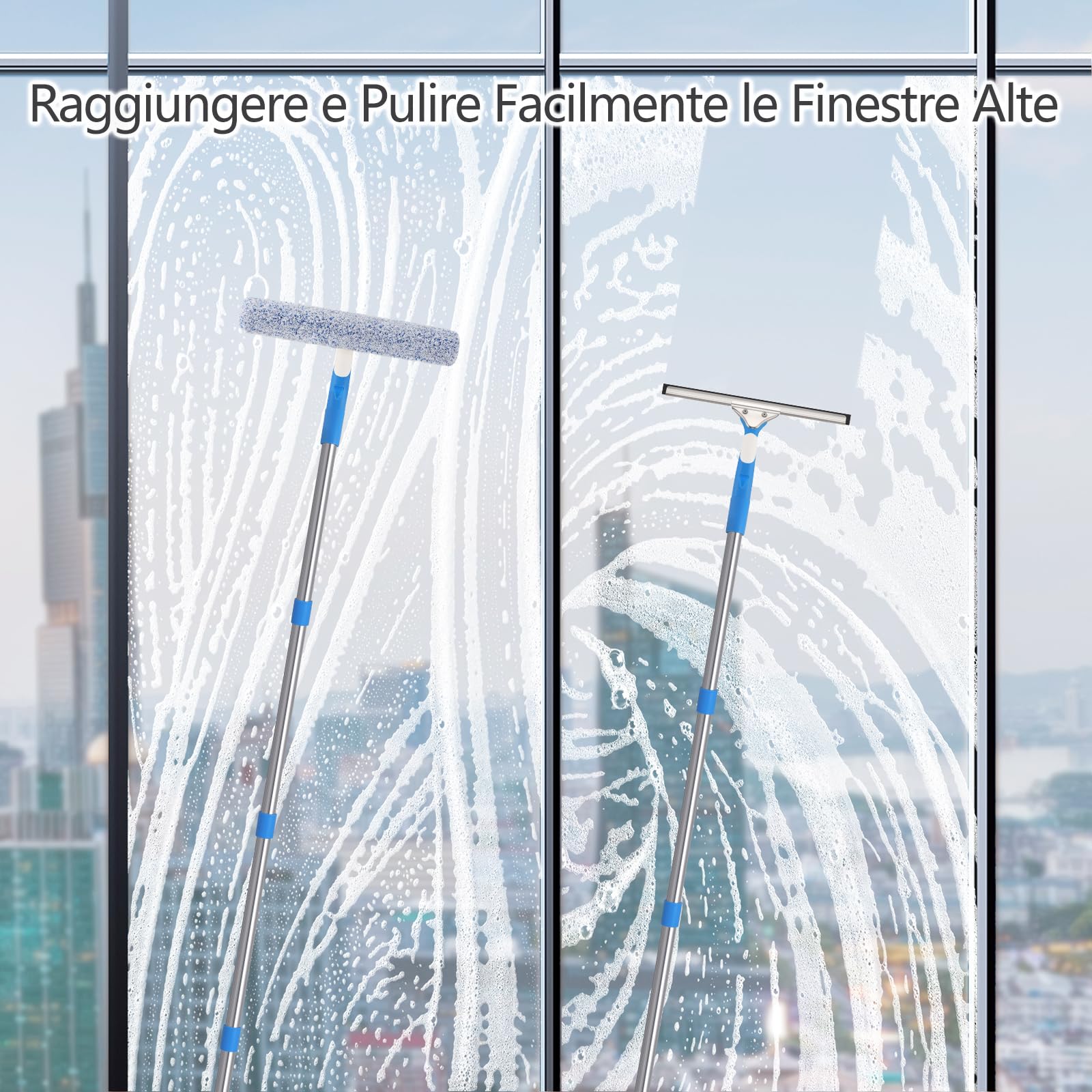 Mitclear Lavavetri Professionale con Manico Telescopico(196cm), Tergivetro in Silicone e Lavavetri in Microfibra, Strumenti per la Pulizia dei Vetri per Bagno, Doccia, Specchi, Auto, Vetro, Finestre