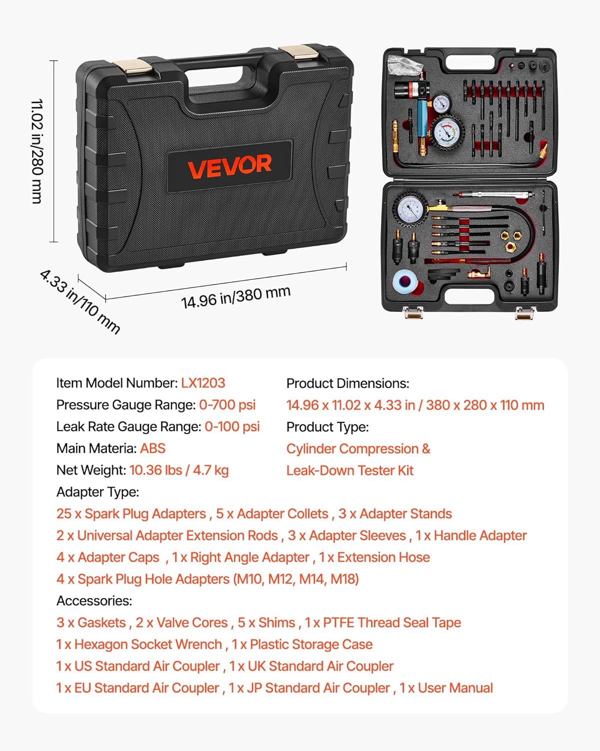VEVOR Engine Cylinder Compression Tester Kit, 0-700 PSI Pressure Gauge & 0-100 PSI Leak Gauge, Automotive Leak Down Tester Kit with 4 Adapters, Pressure Check & Leakage Rate Test on Cars, Motorcycles