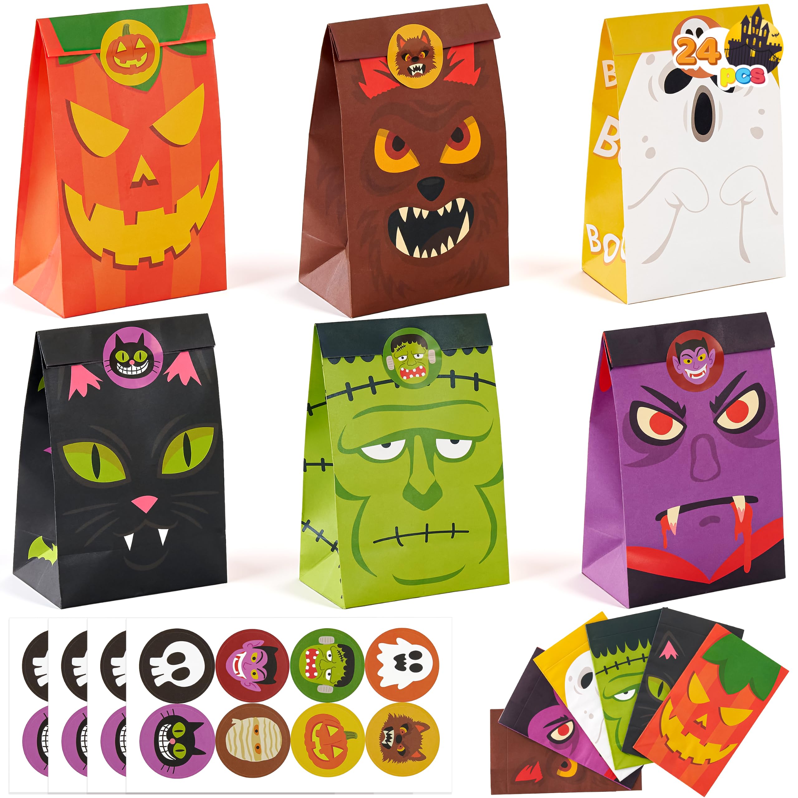 JOYIN 24 PCS Halloween Treat Bags with Stickers, Candy and Goodie Bags for Halloween Party Favors Supplies, Trick or Treating Gift Bag for Kids, Students Classroom Exchange Game Prize