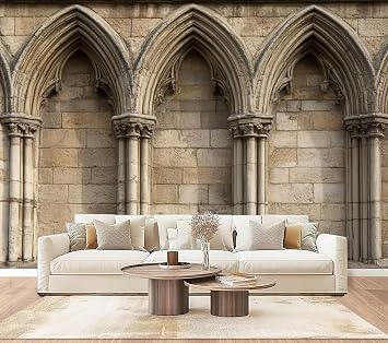 Wall Mural Peel & Stick Ancient Gothic Stone Wall Arches Columns York England UK Self-Adhesive Wallpaper Removable Decal Wall Sticker Home Decor for Living Room Bedroom 100"x144"