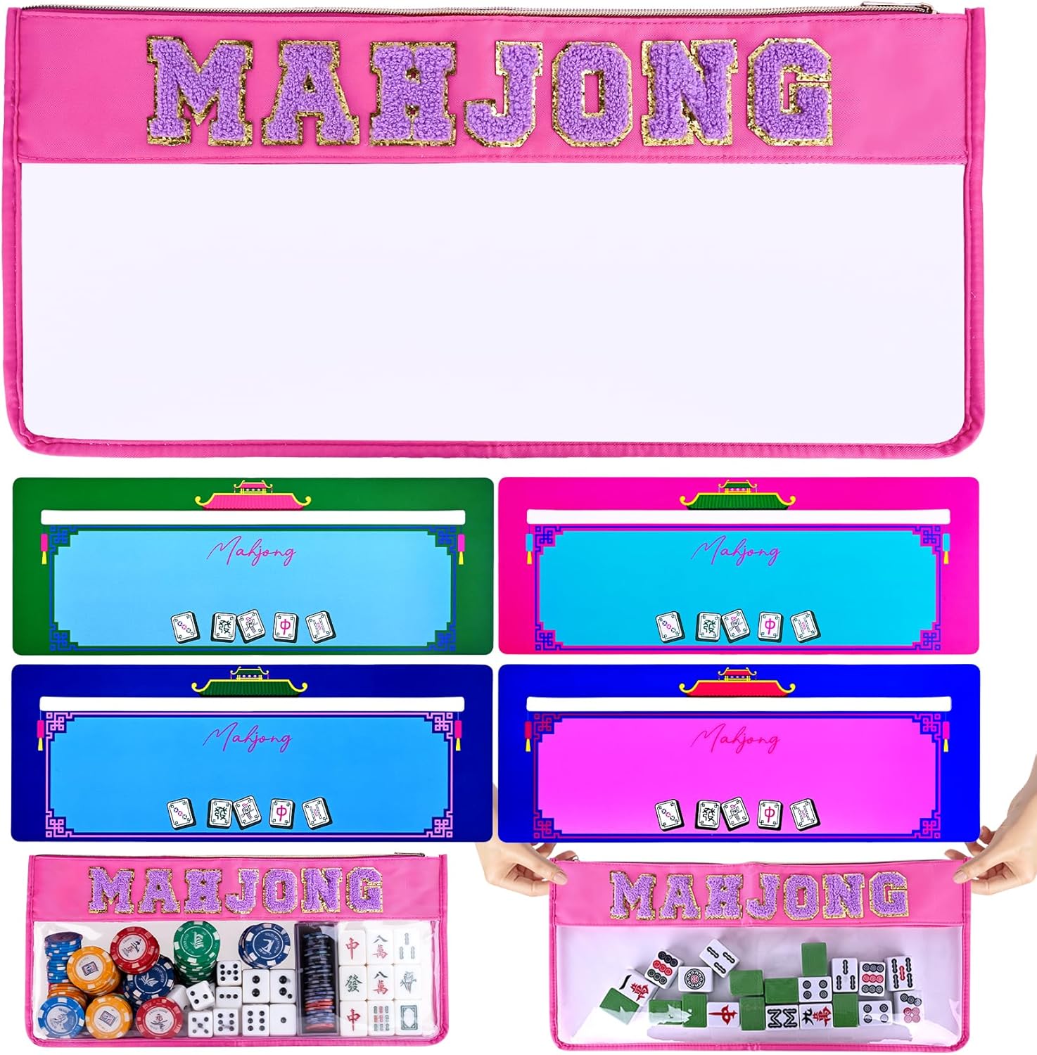 Clear Waterproof American Mahjong Bag | Hot Pink Embroidered Empty Case with 4 Mahjong Line Finders, Fits 166 Tiles for Travel (Case Only)