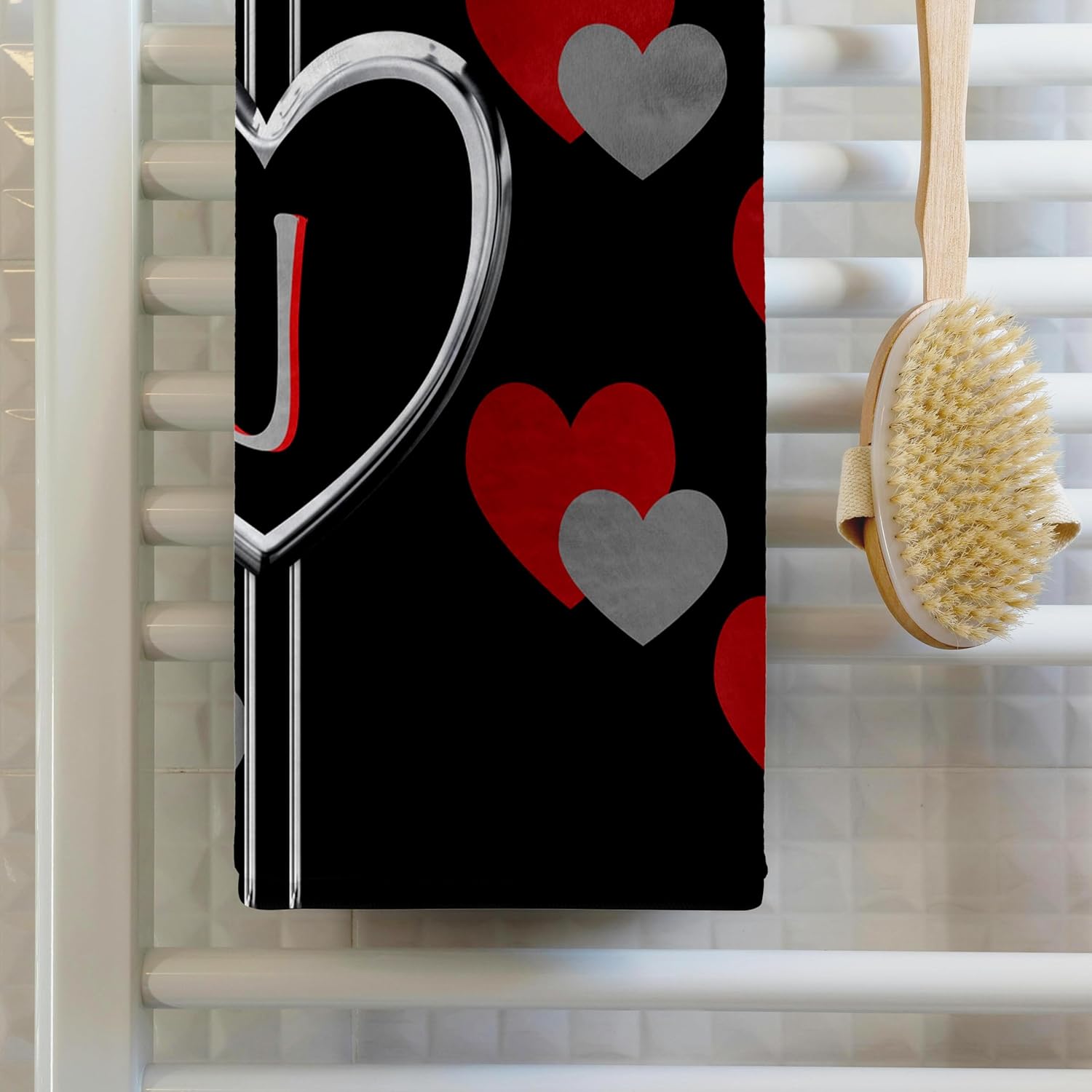 3dRose Modern Geometric Black Red Grey Hearts Pattern Monogram Letter J 22x30 Bath Hand Pool Towel