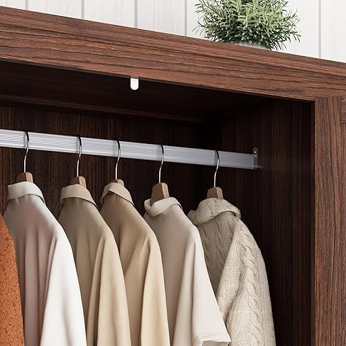 Vista 5 de Armario de ropa con 4 puertas y cajones, armario de madera estilo granja con estantes y barra para colgar para dormitorio, marrón