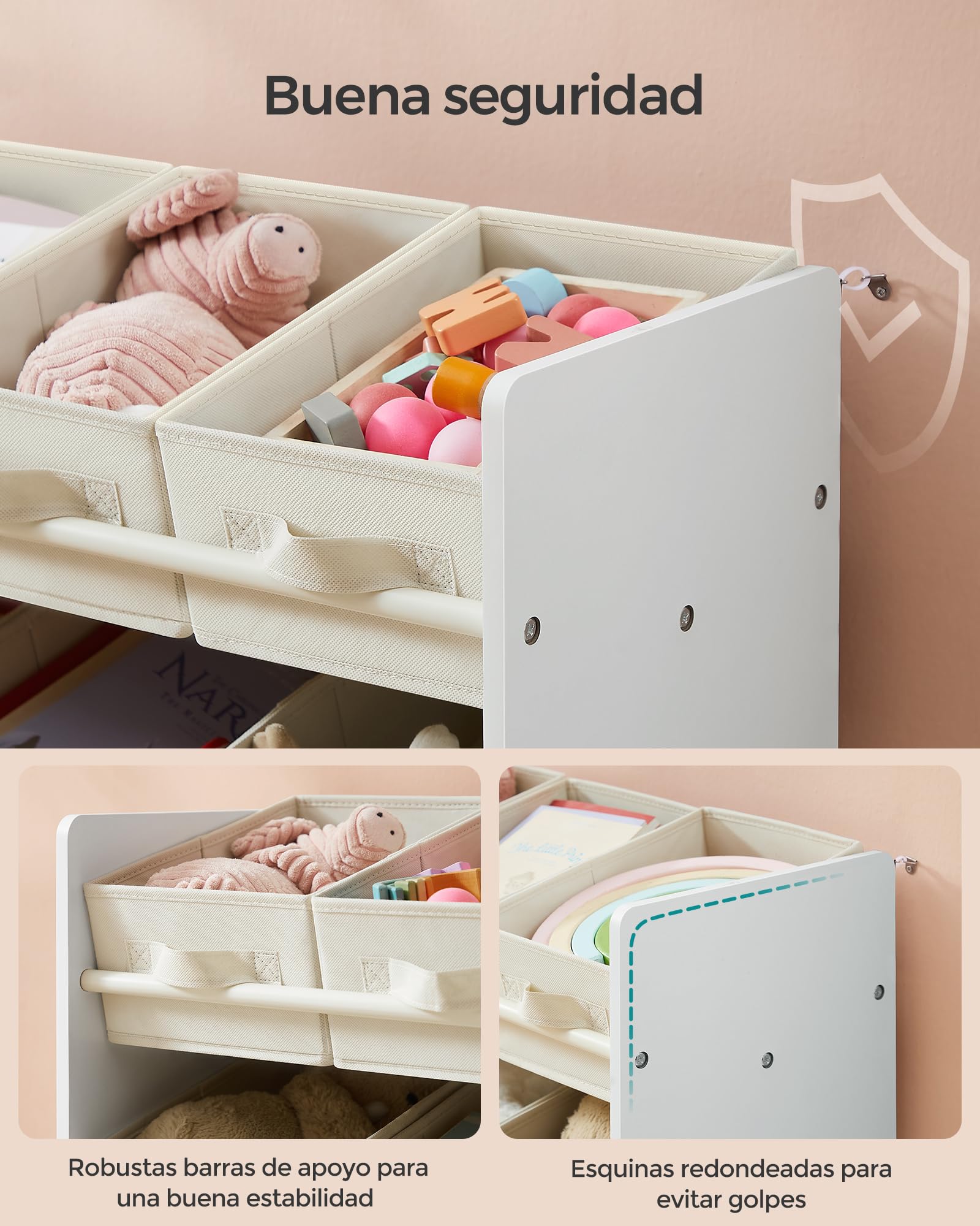 SONGMICS Estantería Infantil para Juguetes, Organizador Infantil para Libros, 9 Cajas de Almacenamiento no Tejidas, Espaciosa, 29,5 x 62,5 x 60 cm, Blanco Nube GKR033W10