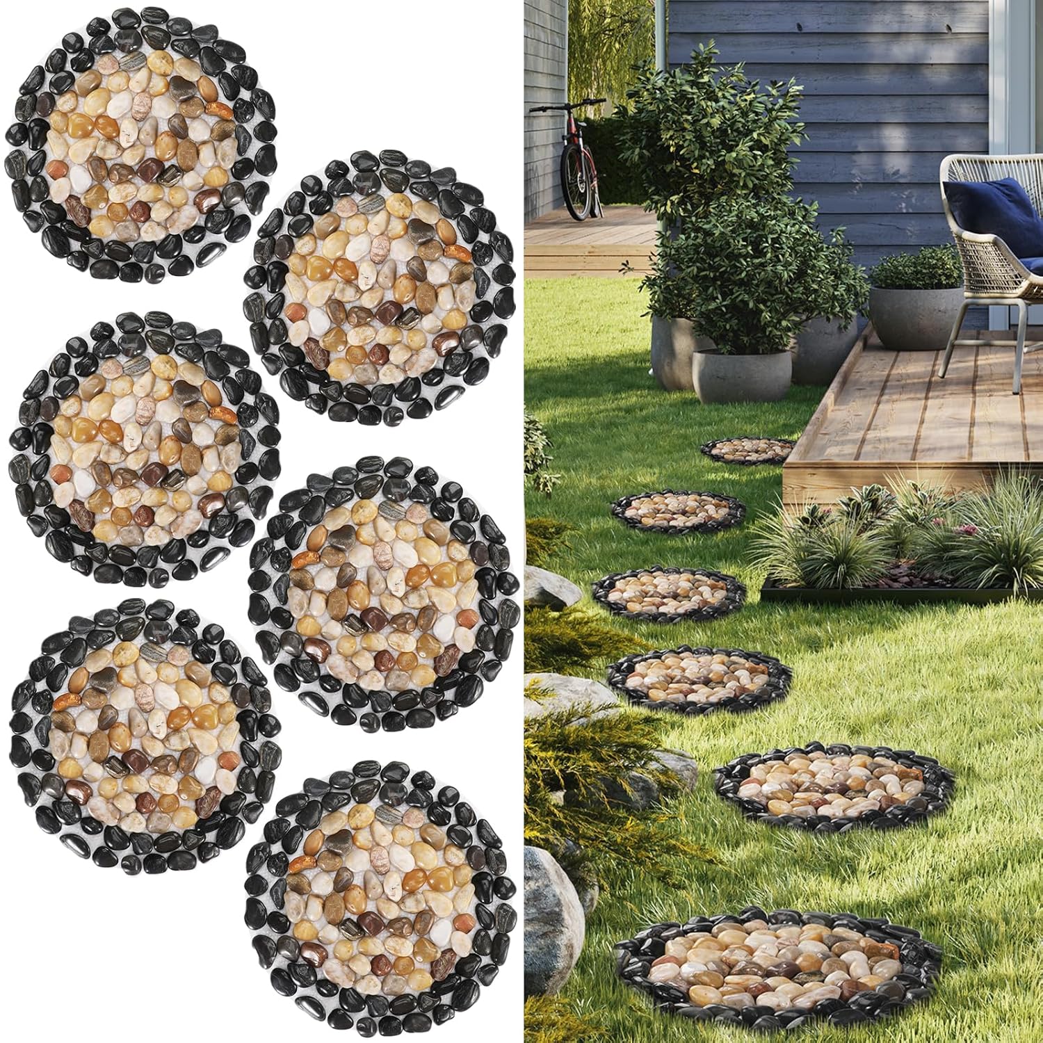 EYZH 12 Inch Round River Rock Stepping Stones for Garden Pathway - 6pc Polished Pebble Outdoor Walkway, Yard Landscaping Decor