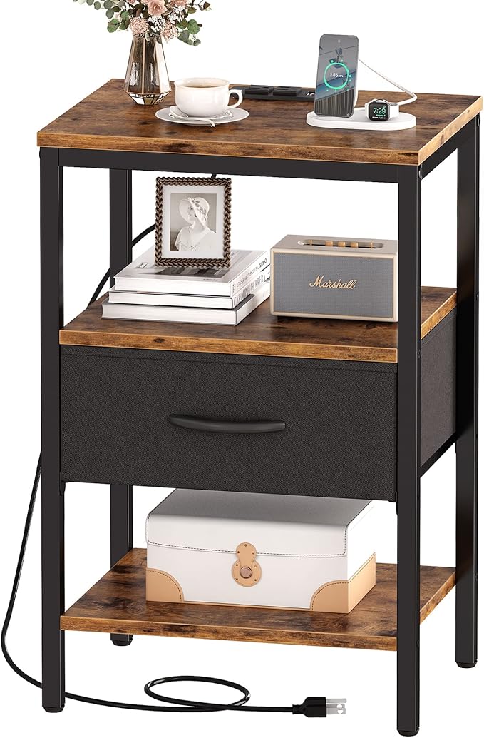 SUPERJARE Nightstand with Charging Station, Adjustable Fabric Drawer