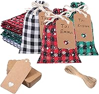 Vista 16 de Shappy 24 bolsas de Navidad con cordón, bolsas de arpillera a cuadros de Navidad, bolsas de lino con cuerda de 32.8 pies, 24 tarjetas