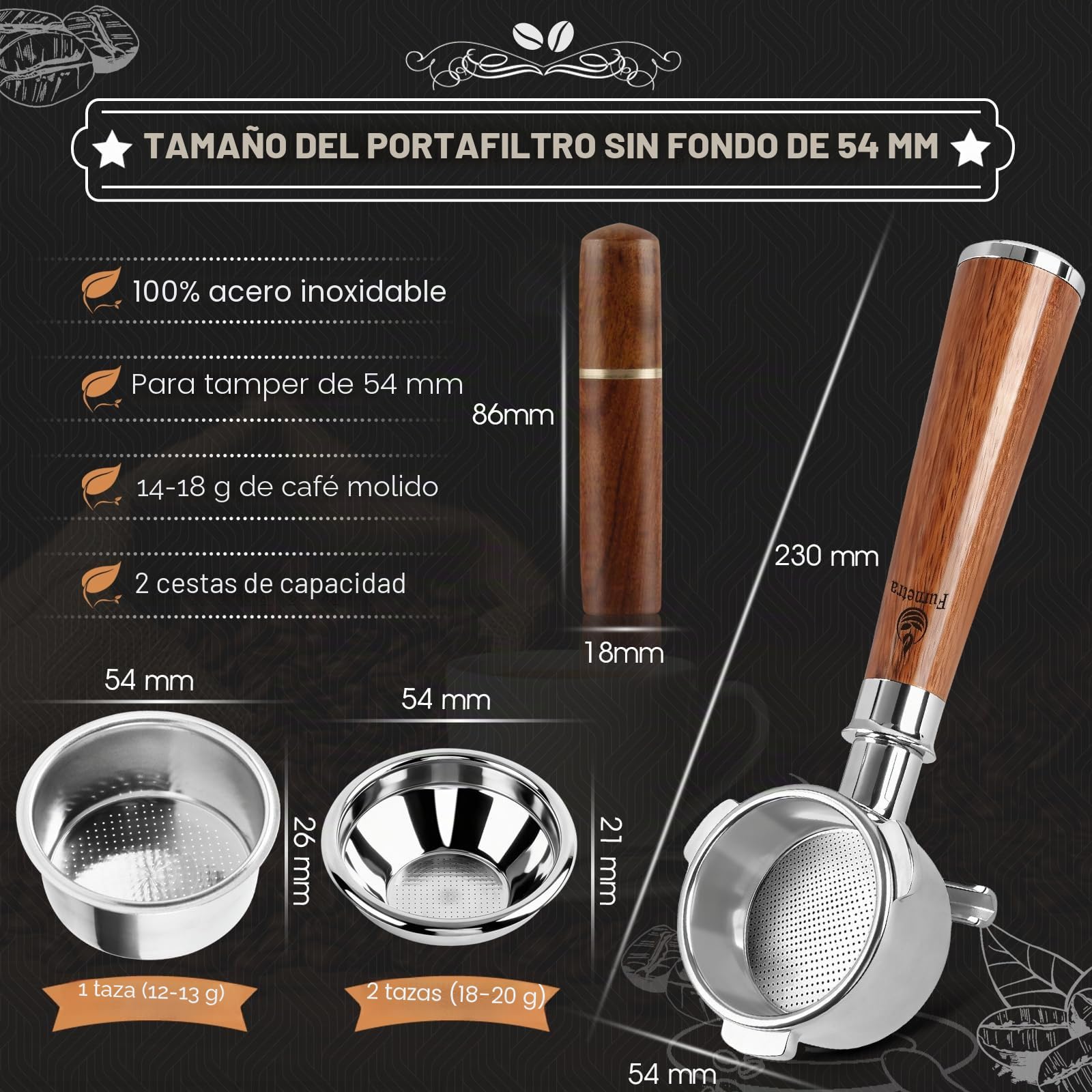 Portafiltro 54mm de Doble Salida, 3 Orejas en Acero Inoxidable 304 con Mango de Madera de Nogal, Incluye 2 Filtros y Aguja WDT, Compatible con Sage/Breville Barista BES 870/878/880