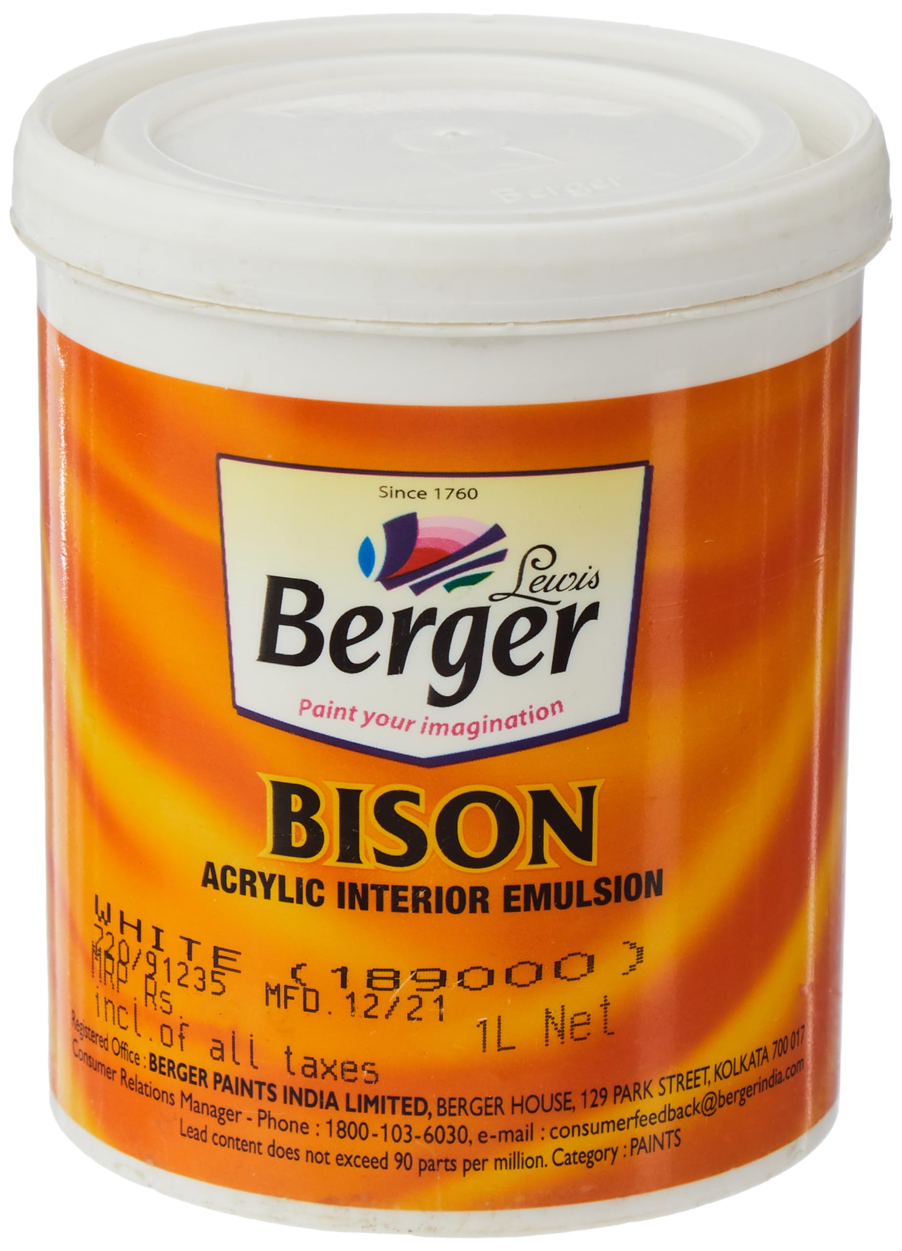 BERGER Bison Acrylic Interior Emulsion | 1L White | Smooth Matt Finish with Anti-Fading Properties | Wide Shade Range | Fast Drying | Brush, Roller & Spray Application | Green Pro Certified