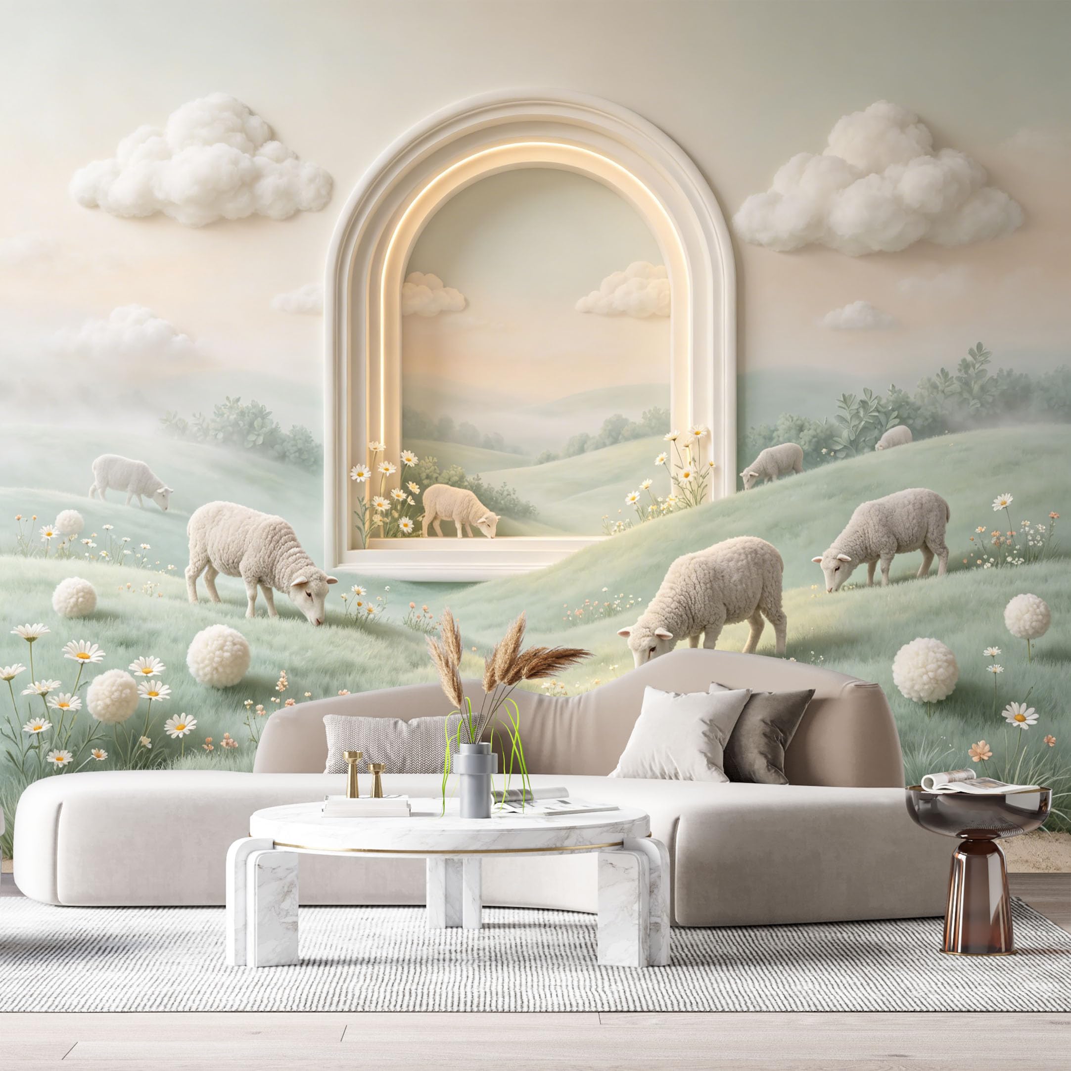 Custom Size Wall Murals Sheep Meadow Farmhouse Modern 3D Trompe L'Oeil SelfAdhesiveWall Fabric Removable Wallpaper Wall Decor for Living Room Bedroom Bathroom