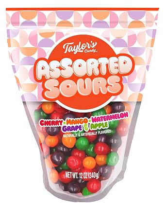 Taylors Assorted Sours Candy, 4/11 Oz Bag ; Cherry, Mango, Watermelon, Grape and Apple Flavors, Chewy Fruit Candy,