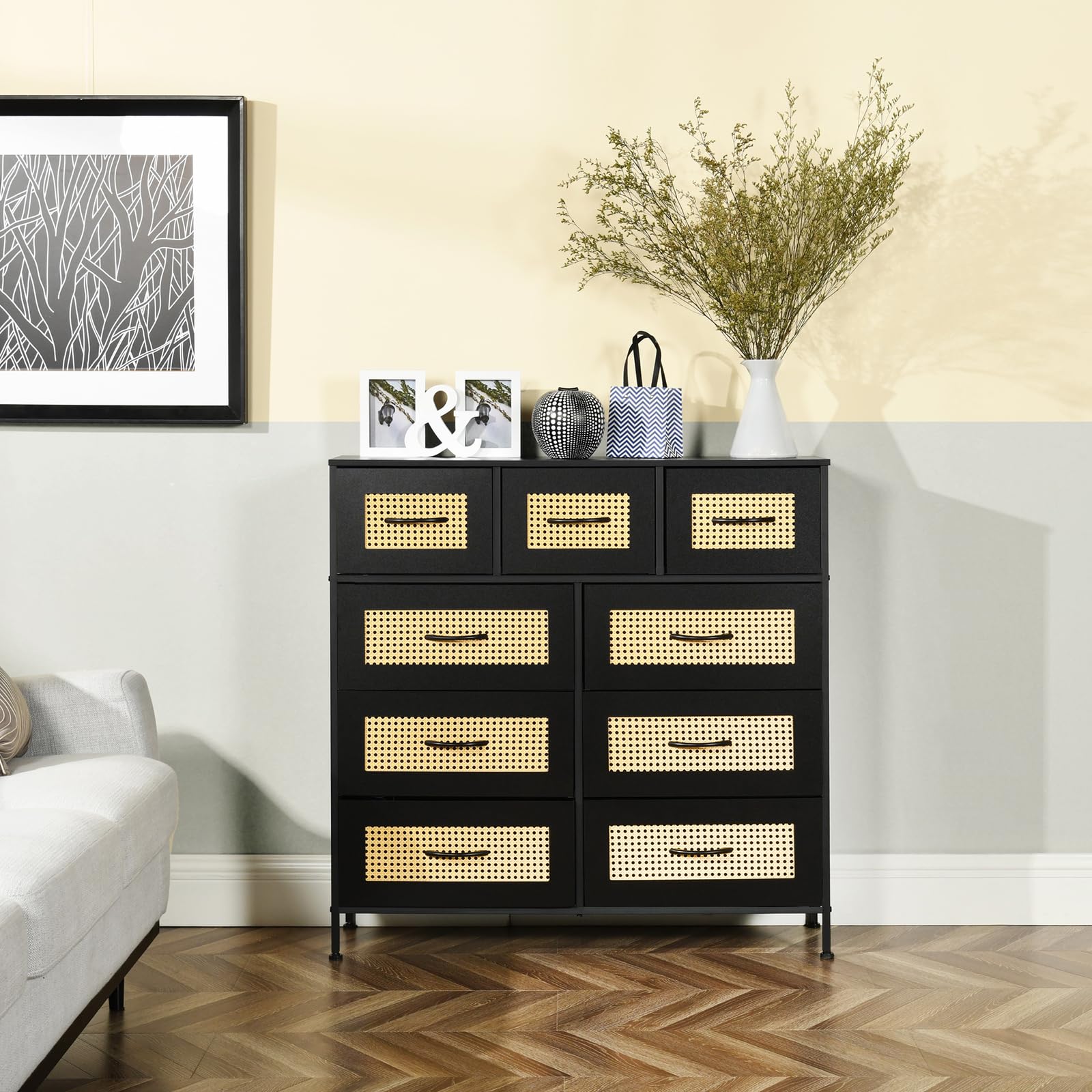 Mobile TV da 55 pollici, console multimediale in legno stile industriale con 9 cassetti portaoggetti in tessuto, lunghezza 100 cm, nero vintage, per soggiorno, camera da letto, cucina