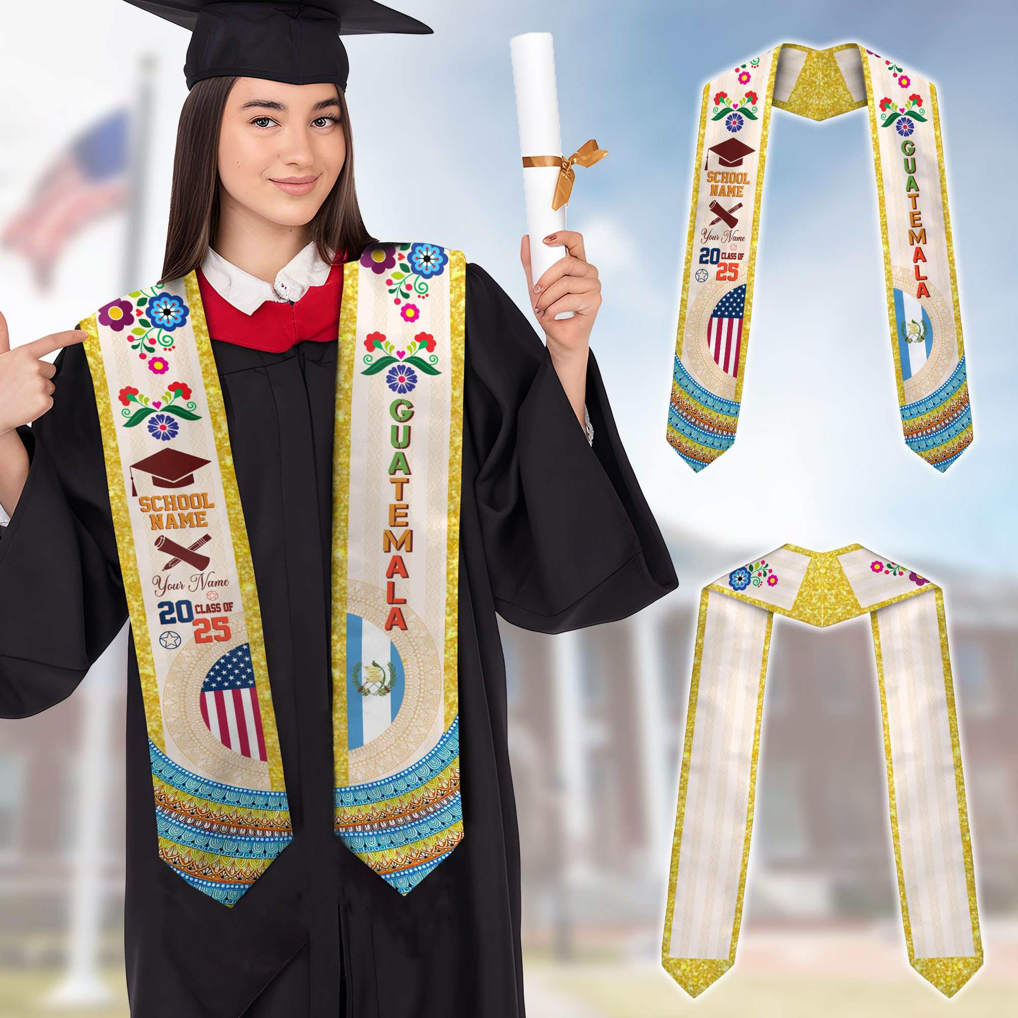 MonkeyVan Custom Guatemala Graduation Sash, Personalized Guatemalan Graduation Sash 2025, Guatemala American Graduation Sashes Gtm3