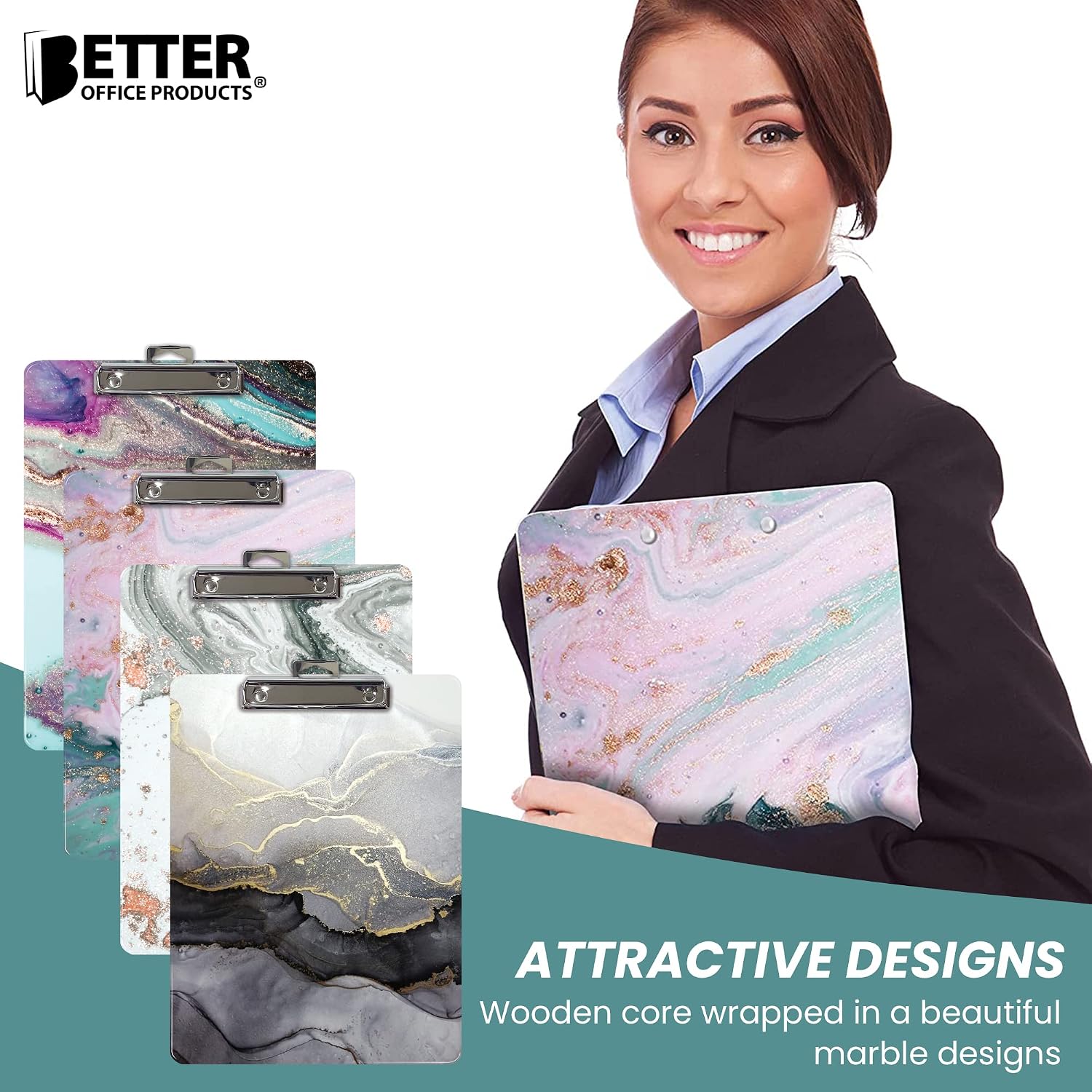Better Office Products Fashion Clipboard (4 Pack), Standard A4 Letter Size, 12.5" x 9", Wooden, Decorative with Low Profile Clip and Retractable Hanging Tab (Marble Designs)