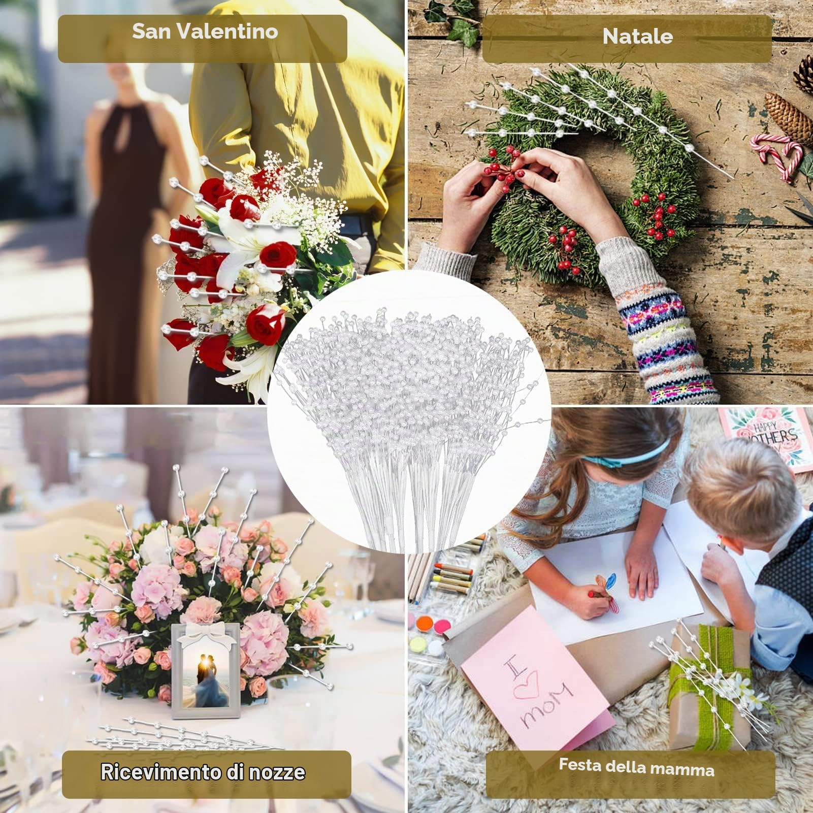 HERCHR Bouquet da Sposa, Perle bastoni per Albero di Natale Piccolo Vaso, 100 Pezzi Spray di Perle Steli di Perle Spray di Fiori per la Casa di Nozze Decorazione, Fiore Filo Perla Bianco Bouquet