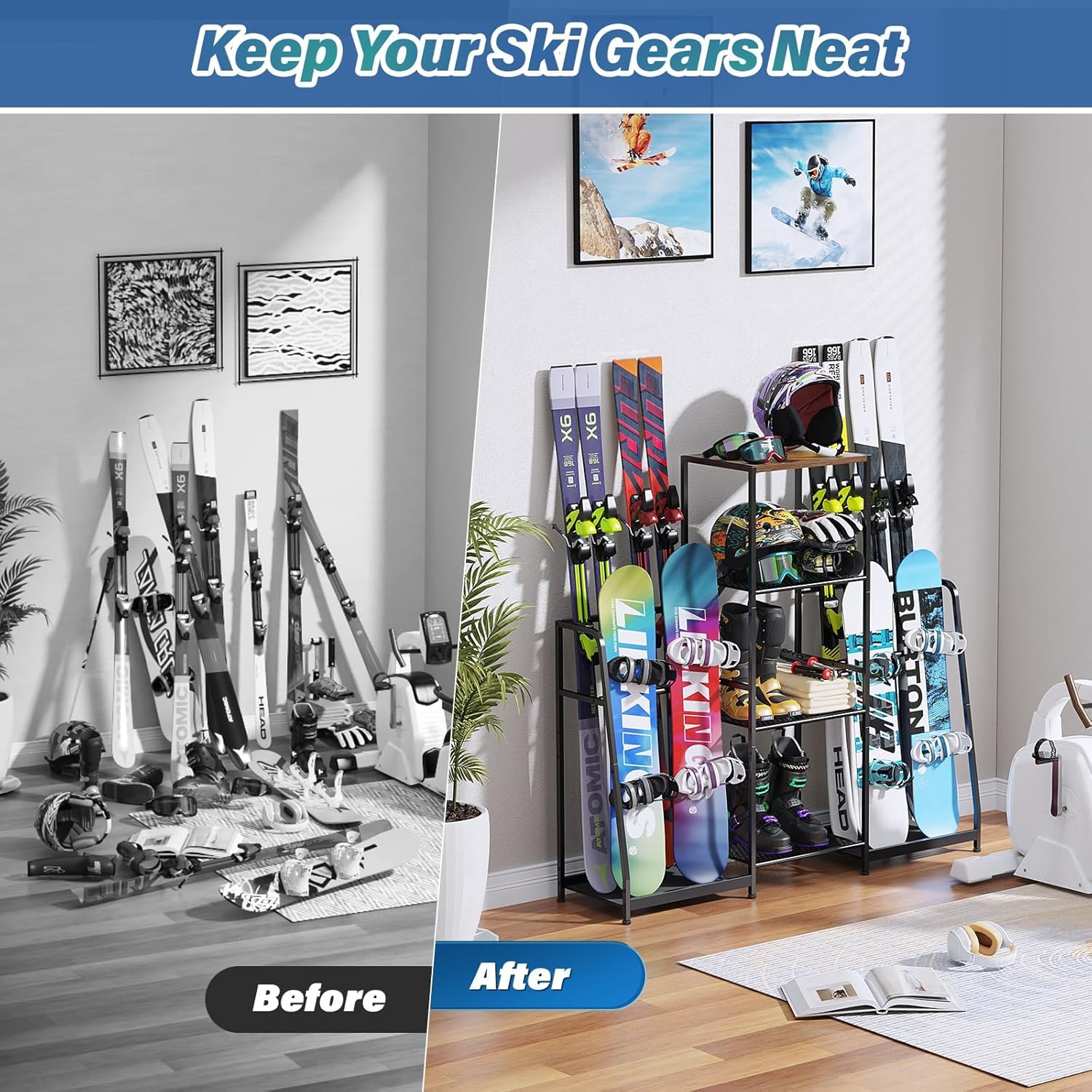 Skiständer, Freistehende Skihalter für die Garage, Stahl-Bodenständer Ski-Organizer für 4 Paar Ski, 3 Snowboards, Stiefel, Stöcke, Brillen, Helme, für Schuppen oder Keller(Beidseitiger Stil)