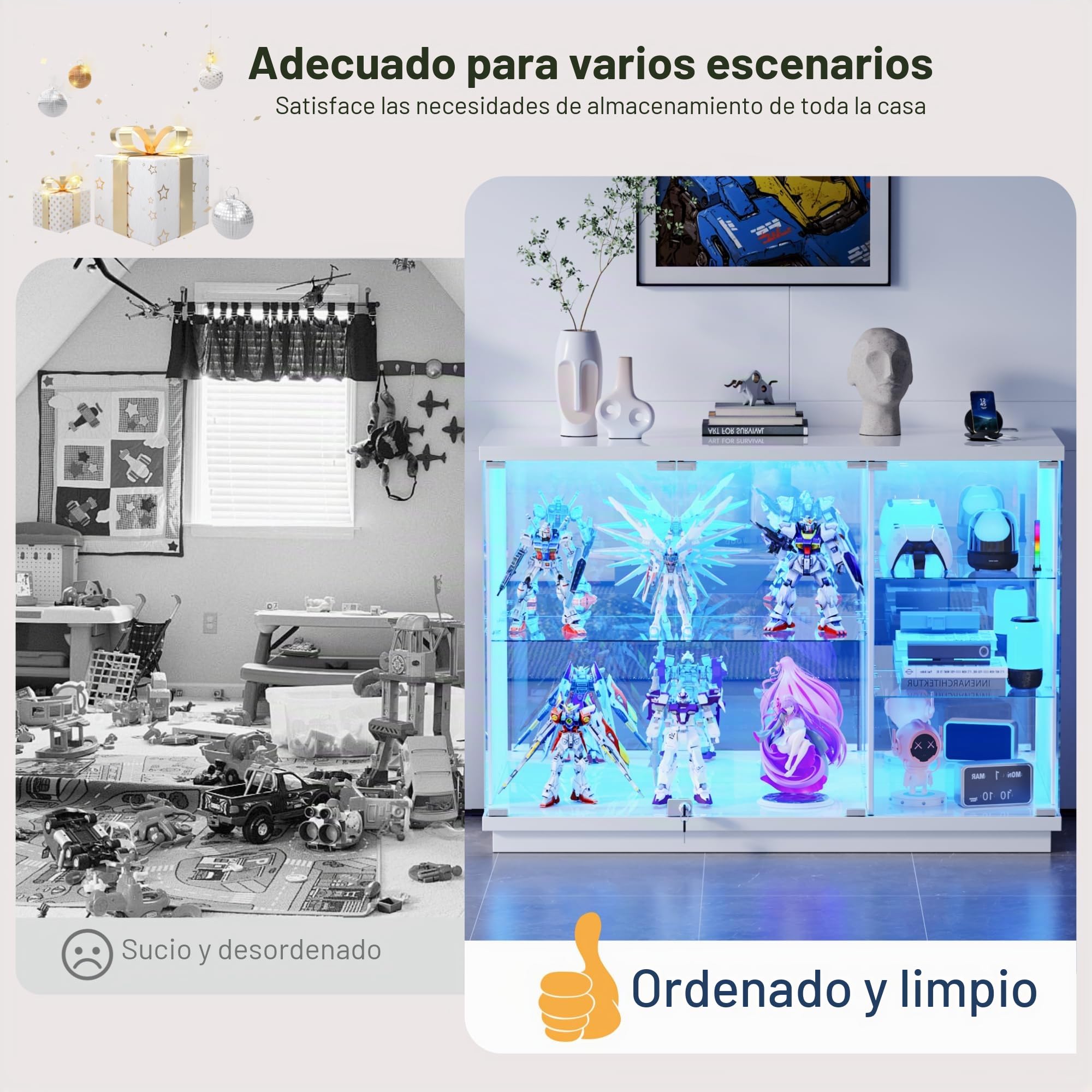 Lvifur Vitrina de cristal con iluminación LED y puertas de cristal, armario de vitrina de cristal, gabinete con sensor inteligente, vitrina de madera de 3 capas, resistente al polvo para salón