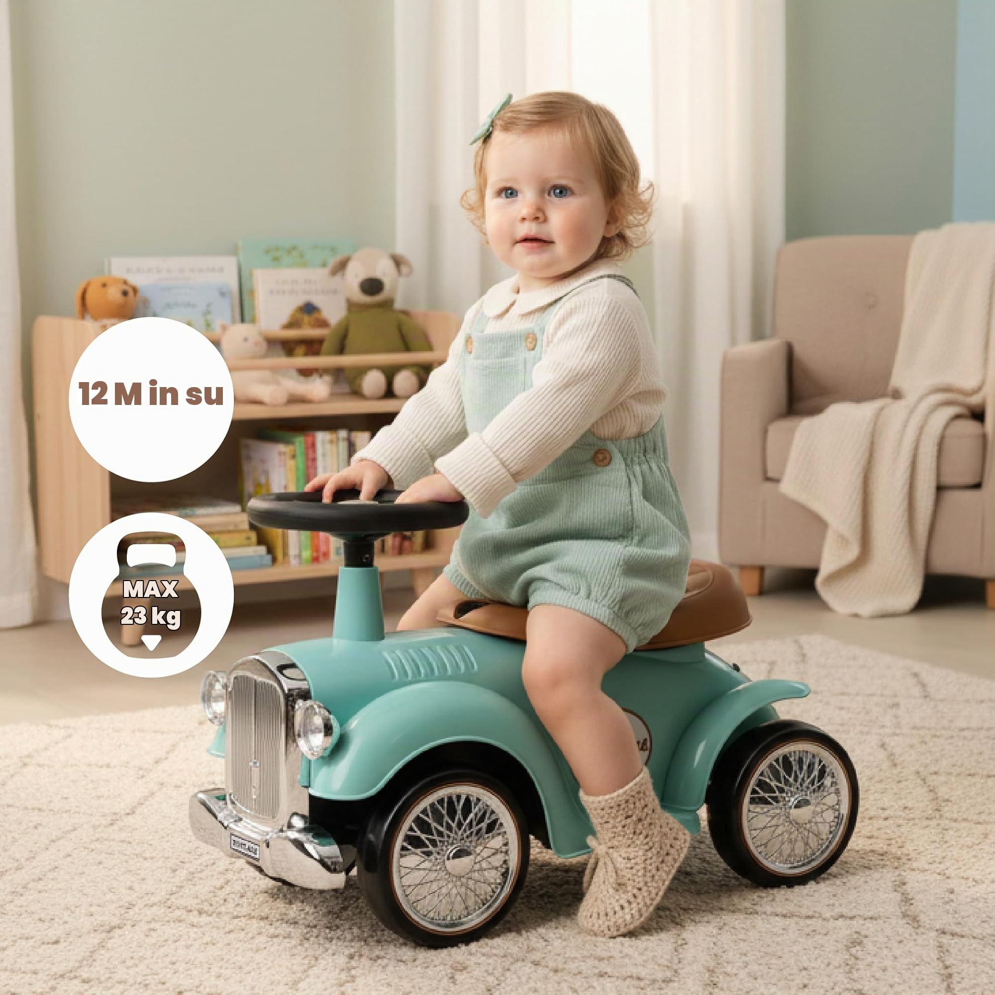 Macchinina bambino 1 anno Retro Classic, macchinina cavalcabile bambino, auto per bambini, aiuto per imparare a camminare con suoni, Volante con clacson (Turchese)
