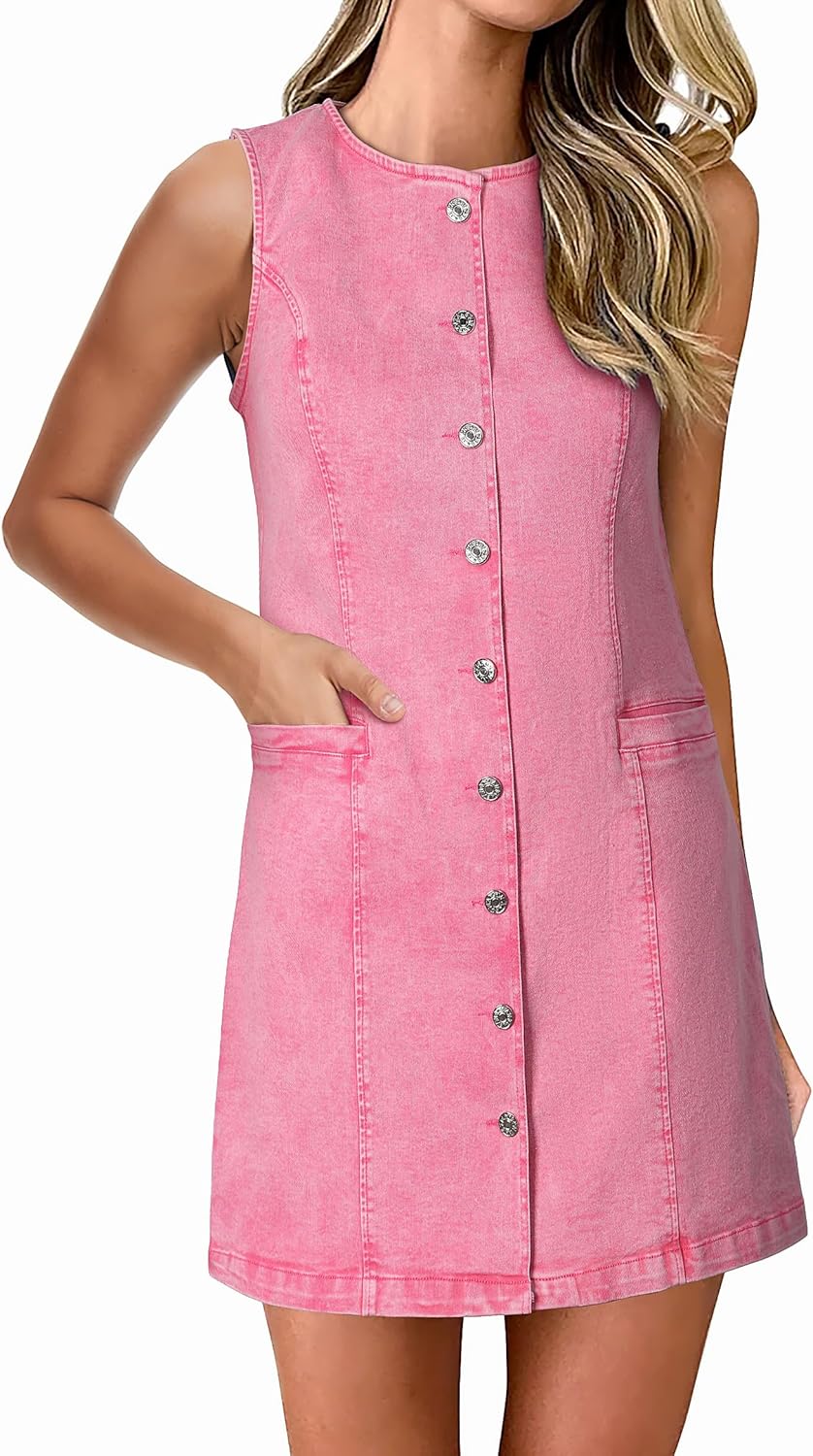 Women's Denim Dress Jean Sleeveless Button Down Shirt Mini Tank Casual Summer Dresses with Pocket 2026 Trendy Outfits - Image 4