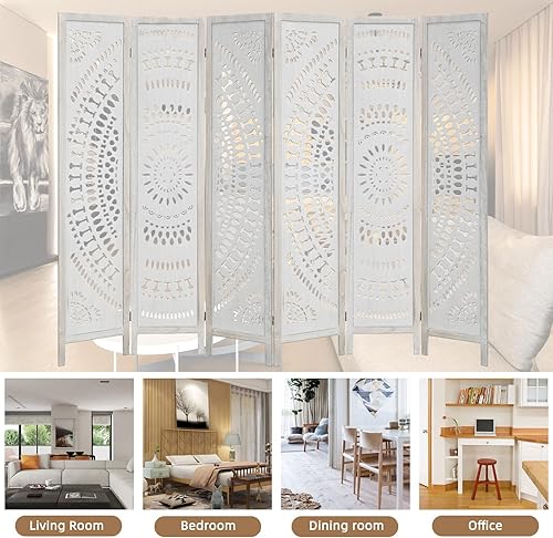 Miniatura 7 de ECOMEX Divisores de habitación de madera de 3 paneles totalmente montados de 5.6 pies tallados y pantallas plegables, pantalla divisora de madera