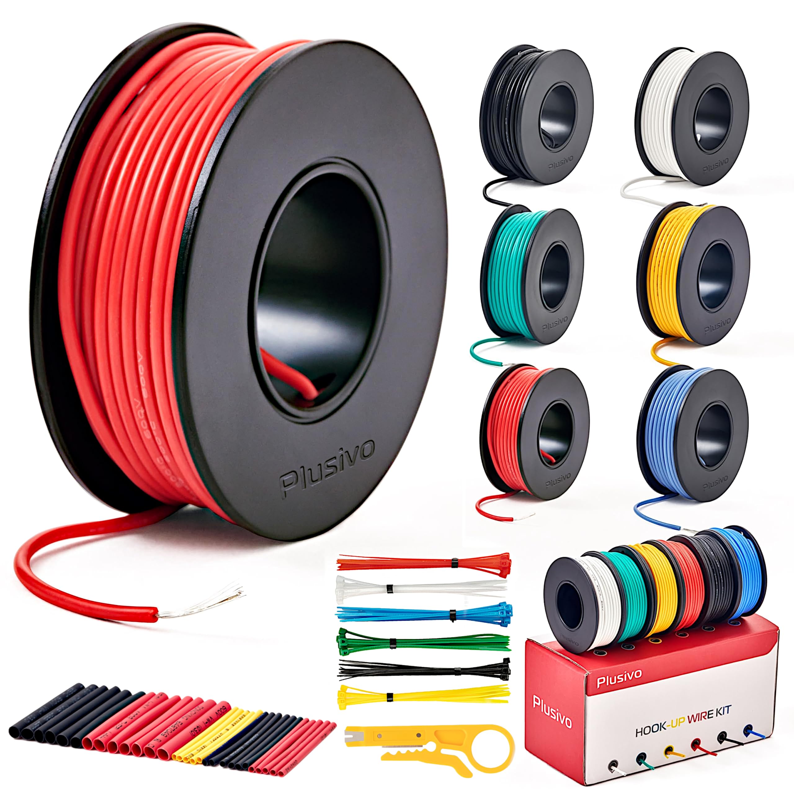 Plusivo 22AWG Silicone Hook Up Wire - 22 Gauge Stranded Tinned Copper Wire with Silicone Insulation, 6 Colors (Black, Red, Yellow, Green, Blue, White) 22ft / 7m Each, Hook Up Wire Kit