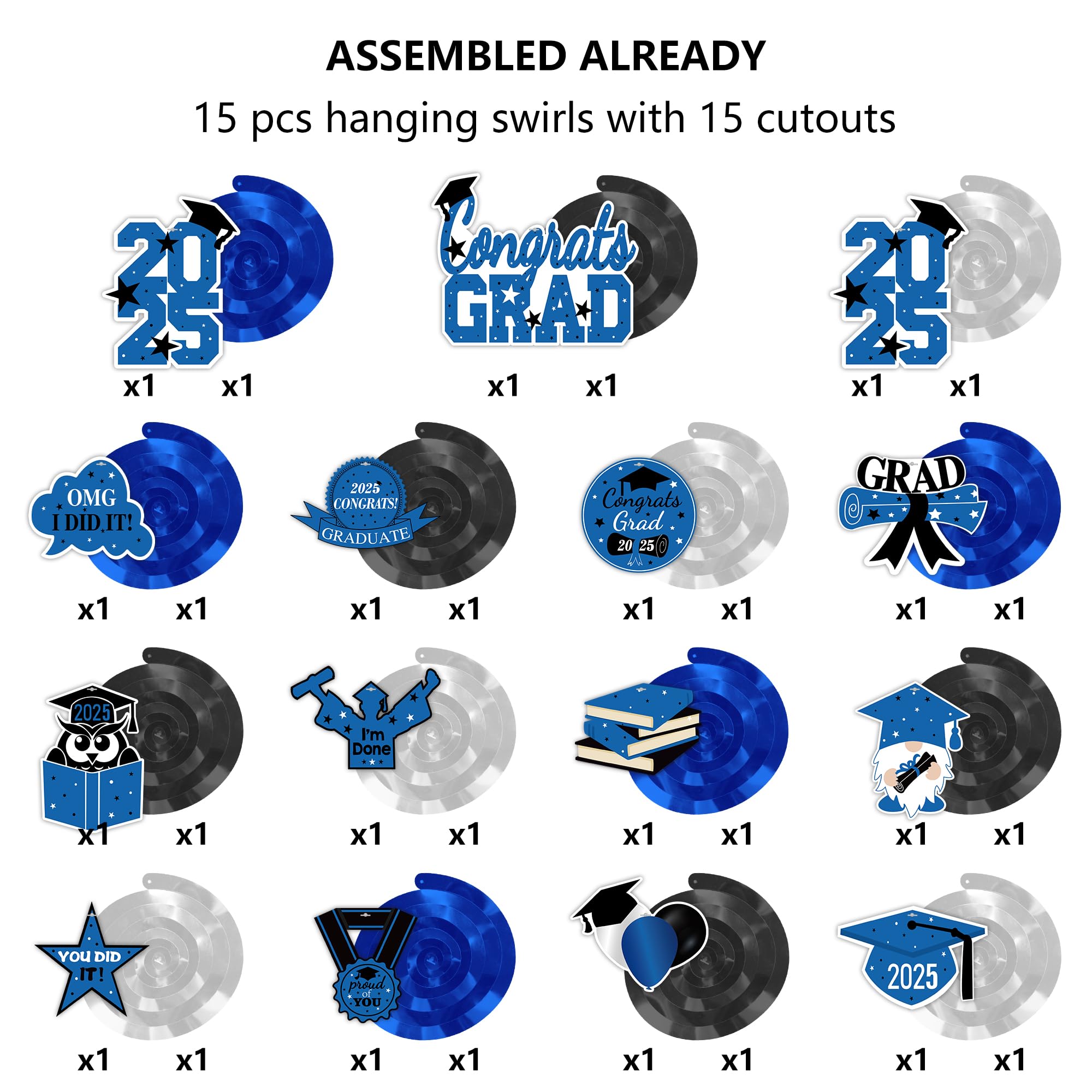 46-Piece Blue & Gold Graduation Hanging Swirls - Class Of 2025 Decorations No Assembly Required