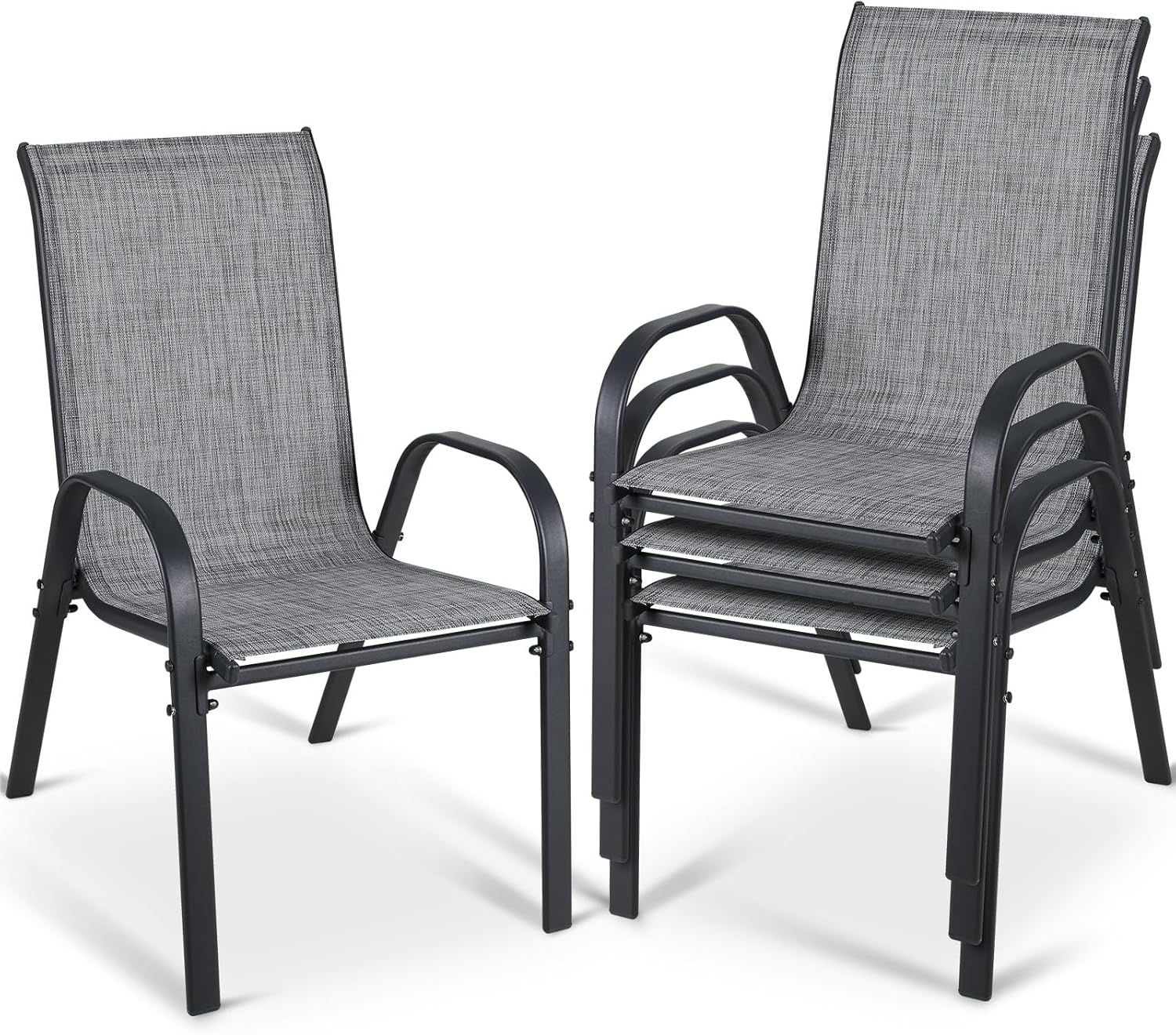 MAMIZO Patio Dining Chairs, Stackable All Weather Teslin Chair, Heavy Duty Outdoor Breathable Chairs Set, w/Armrests, Upgraded Chair FeetW/Strenthened Iron Spacers, 330 LBS (4, Grey)