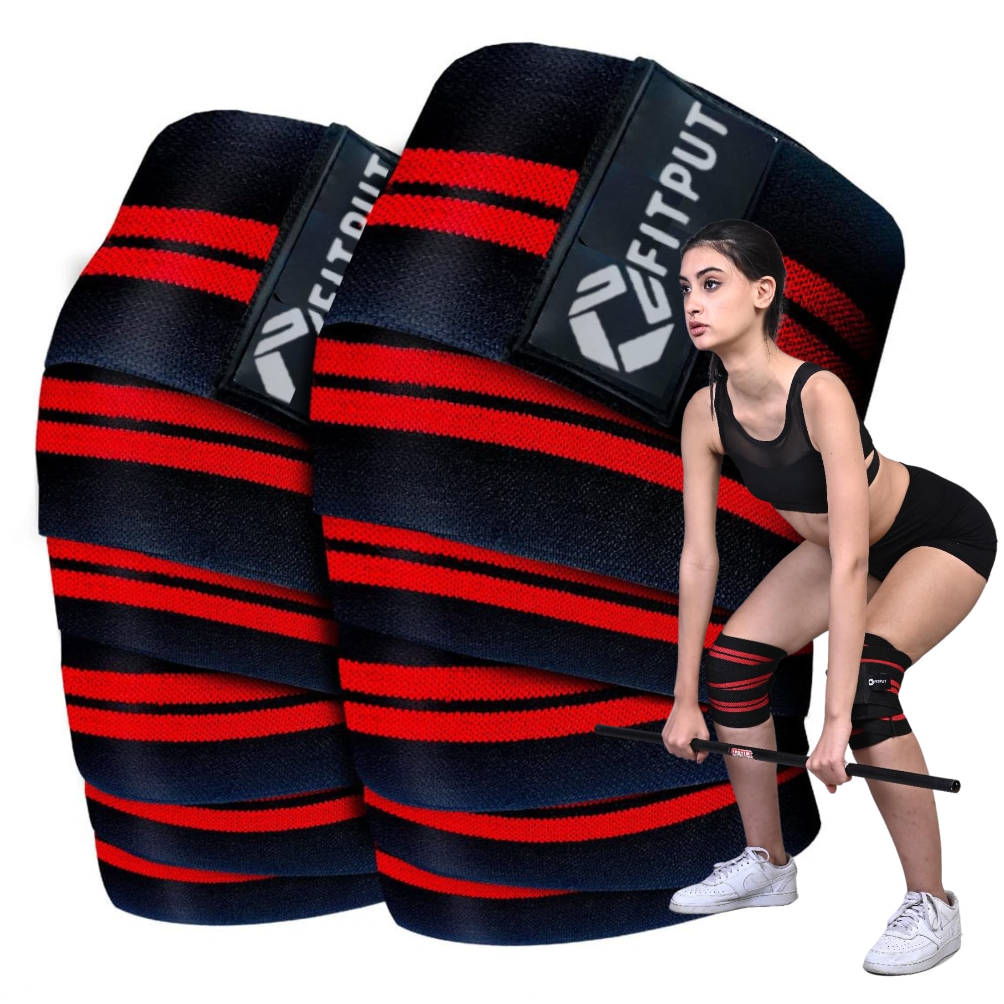 FITPUT Weight Lifting Knee Wraps For Squats (Red/Black 78 Inches - 2PCS) Unisex Knee Bands For Sports Cross Fit Training Gym Workout Knee Support For Men (2 Meters - 1 Pair)-picture-35