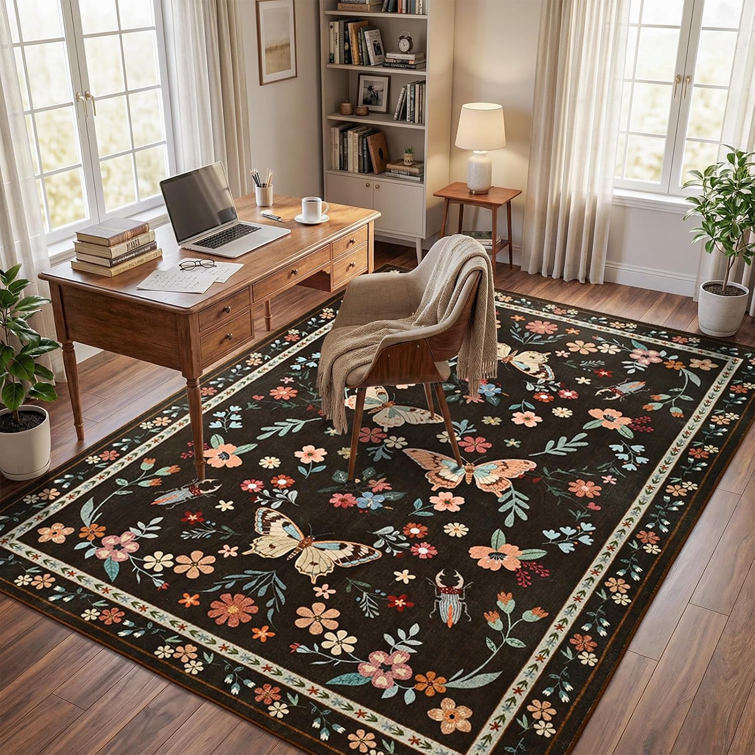 4x6 Area Rugs for Living Room Bedroom, Washable Butterfly Floral Insect Print Rug, Soft Ultra-Thin Non Slip Modern Carpet for Dining Office Kids Nursery Playroom Room Home Decor, Brown