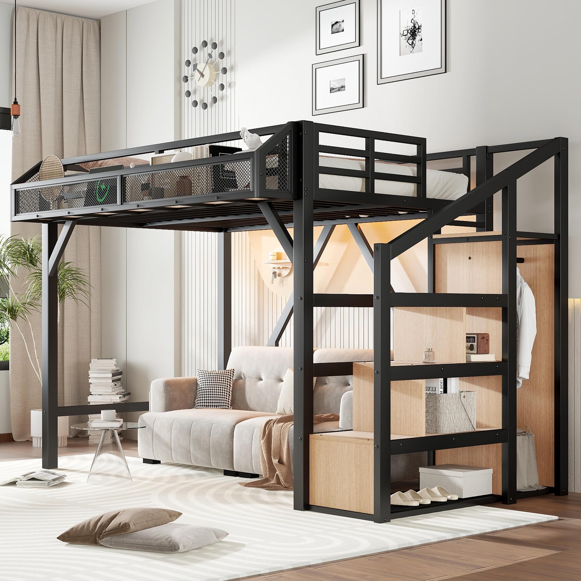 Photo 1 of Bellemave Twin XL Loft Bed with Storage Stairs, Shelves & Small Wardrobe, Metal Twin XL Loft Bed Frame with USB Ports and LED Lights, Heavy Duty Loft Bed for Teens, College Dorm, Black & Natural